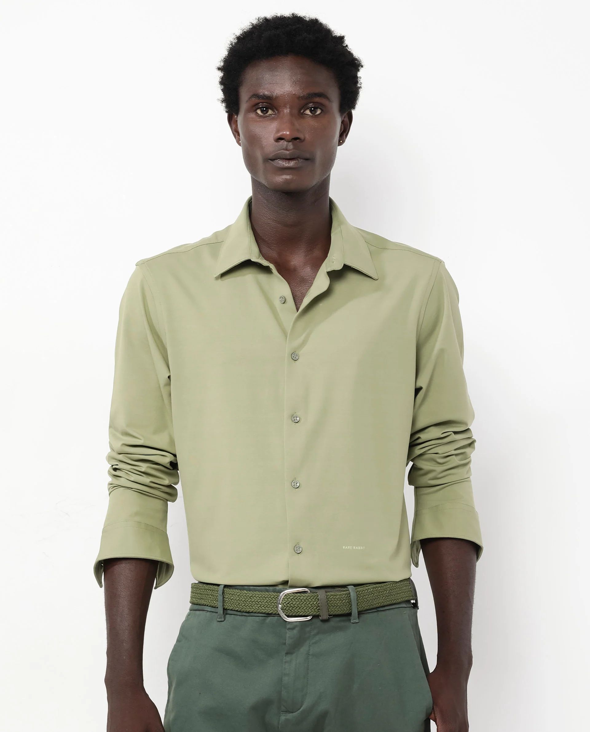 Rare Rabbit Men's Flyknit Pastel Green Cotton Plain Regular Fit Full Sleeve Collared Shirt - Image 7