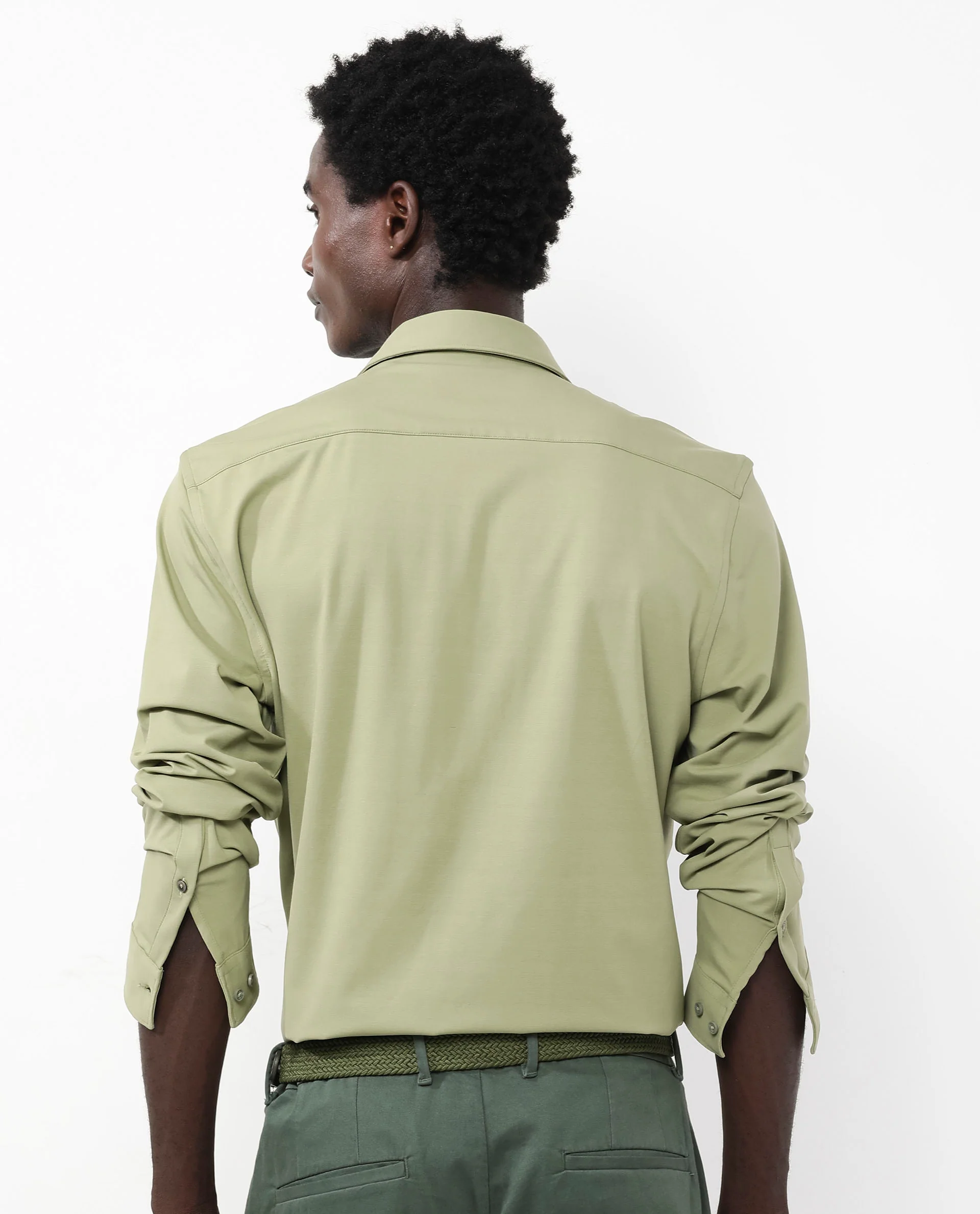 Rare Rabbit Men's Flyknit Pastel Green Cotton Plain Regular Fit Full Sleeve Collared Shirt - Image 9