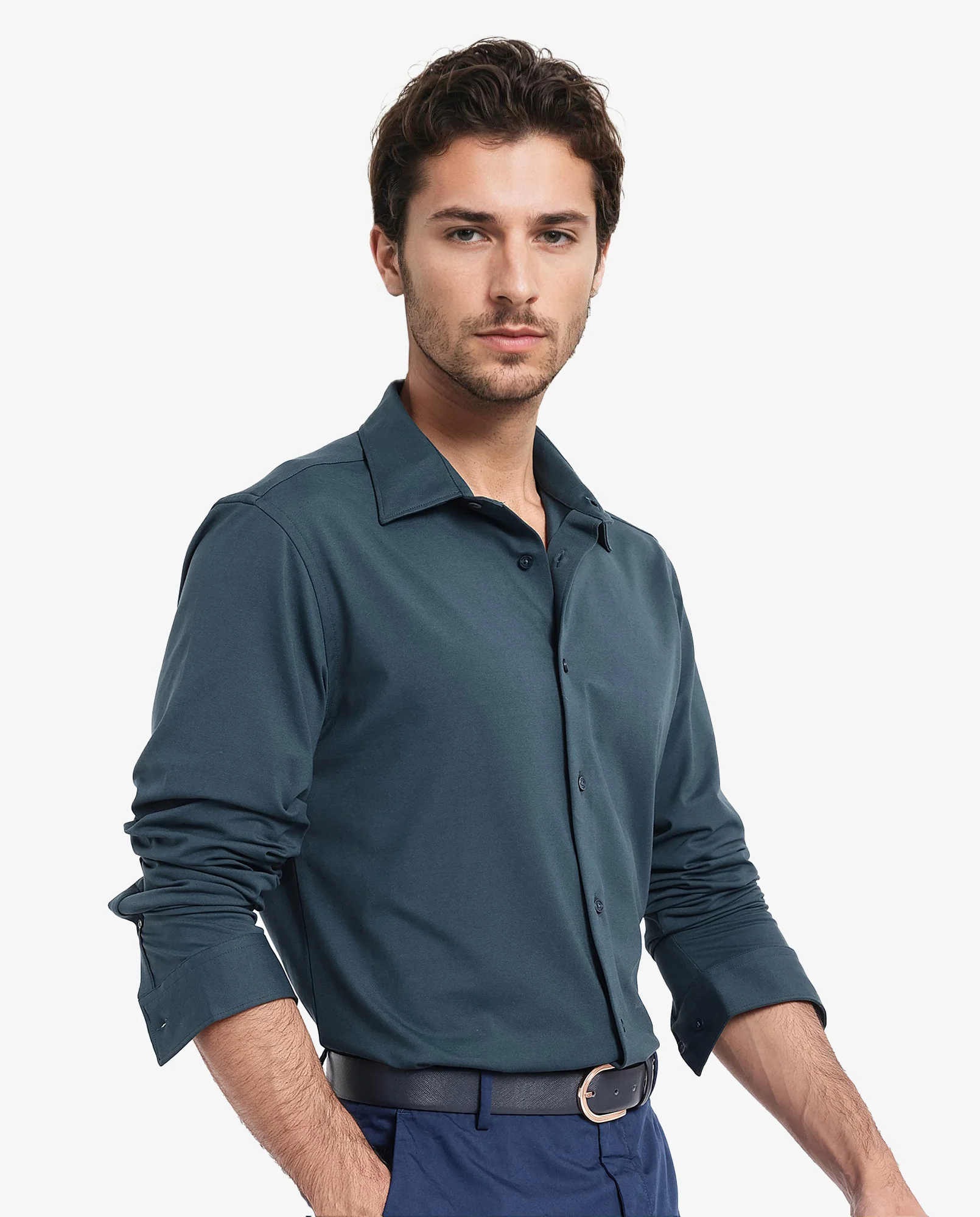 Rare Rabbit Men's Flyknit Teal Cotton Plain Regular Fit Full Sleeve Collared Shirt - Image 3