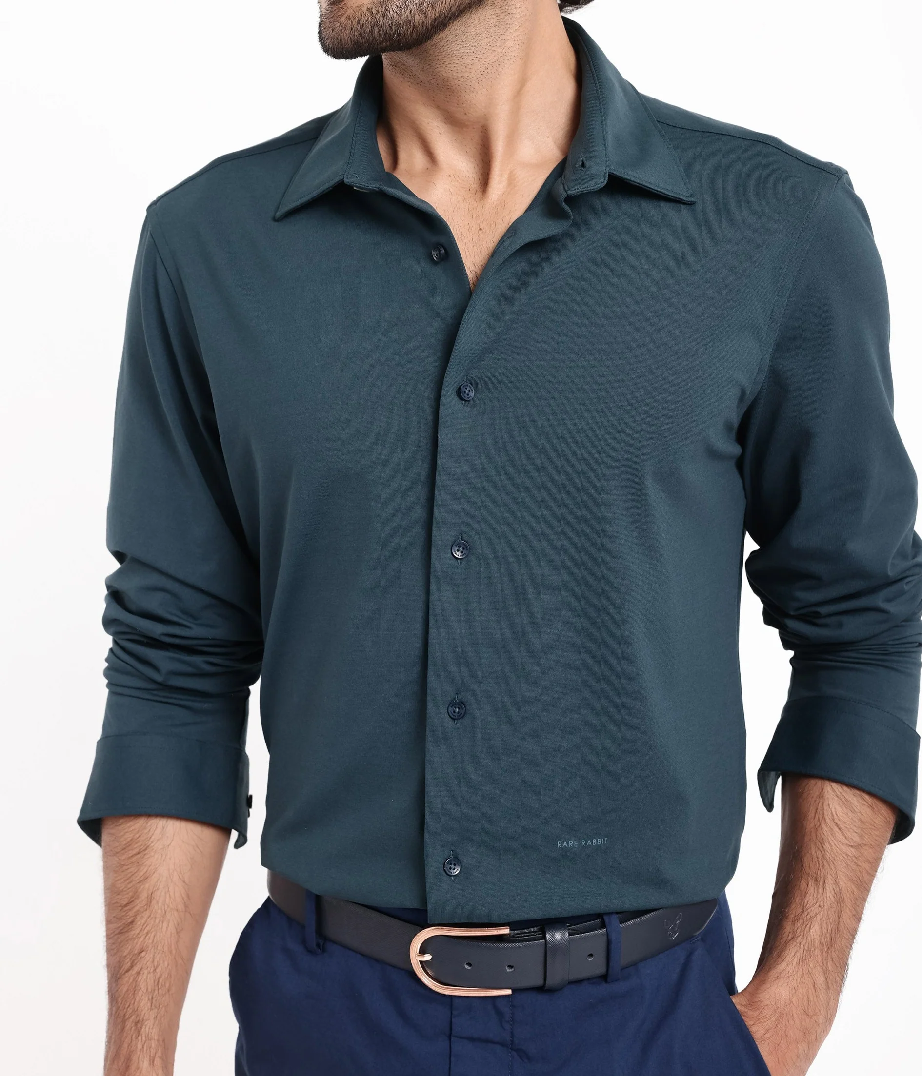 Rare Rabbit Men's Flyknit Teal Cotton Plain Regular Fit Full Sleeve Collared Shirt - Image 4