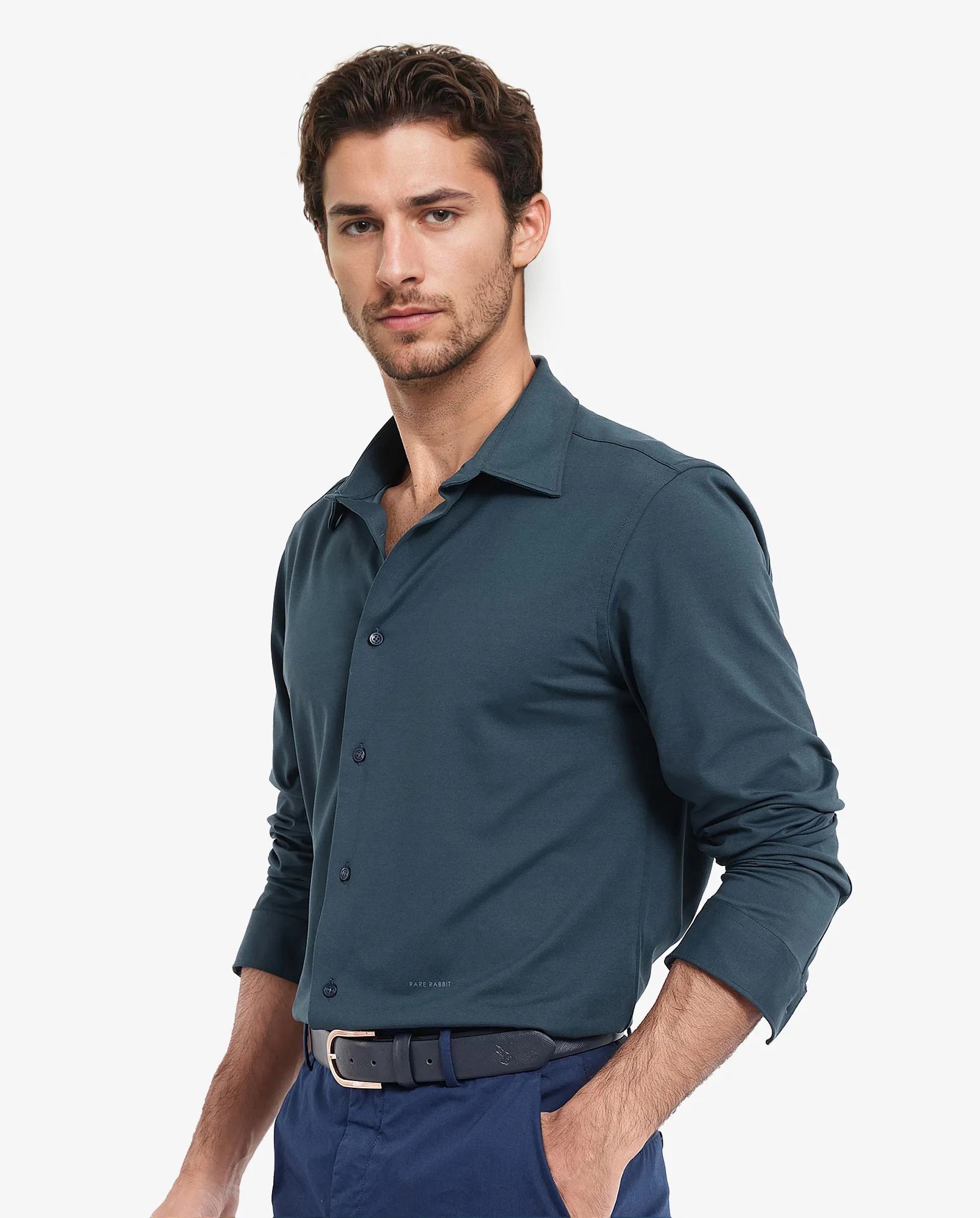 Rare Rabbit Men's Flyknit Teal Cotton Plain Regular Fit Full Sleeve Collared Shirt - Image 5