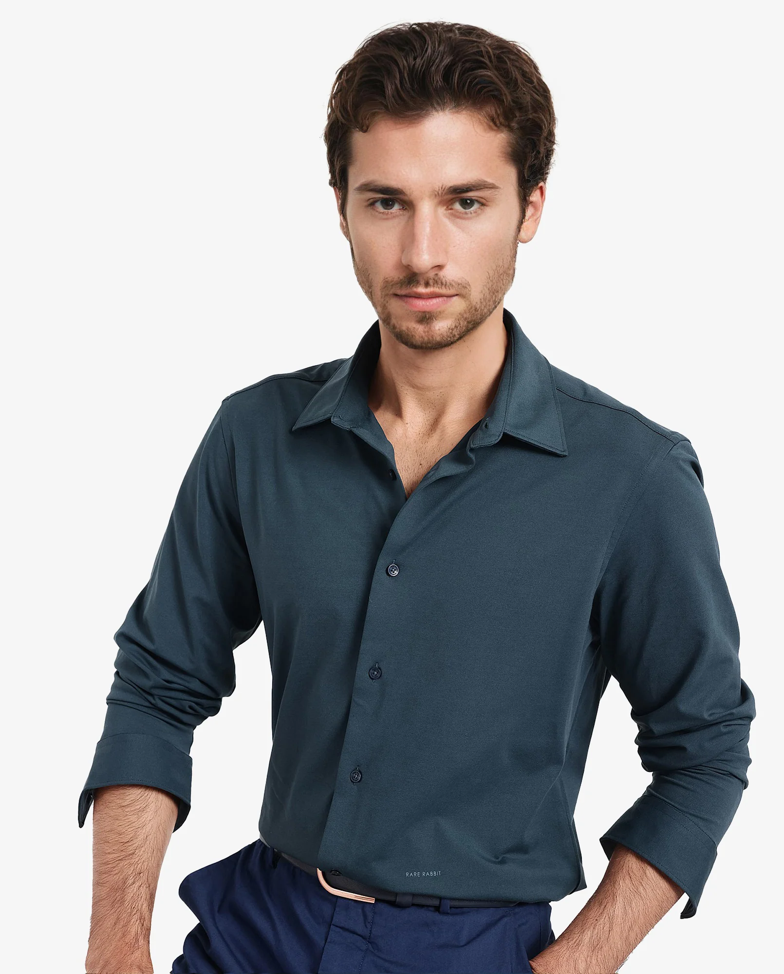 Rare Rabbit Men's Flyknit Teal Cotton Plain Regular Fit Full Sleeve Collared Shirt - Image 6