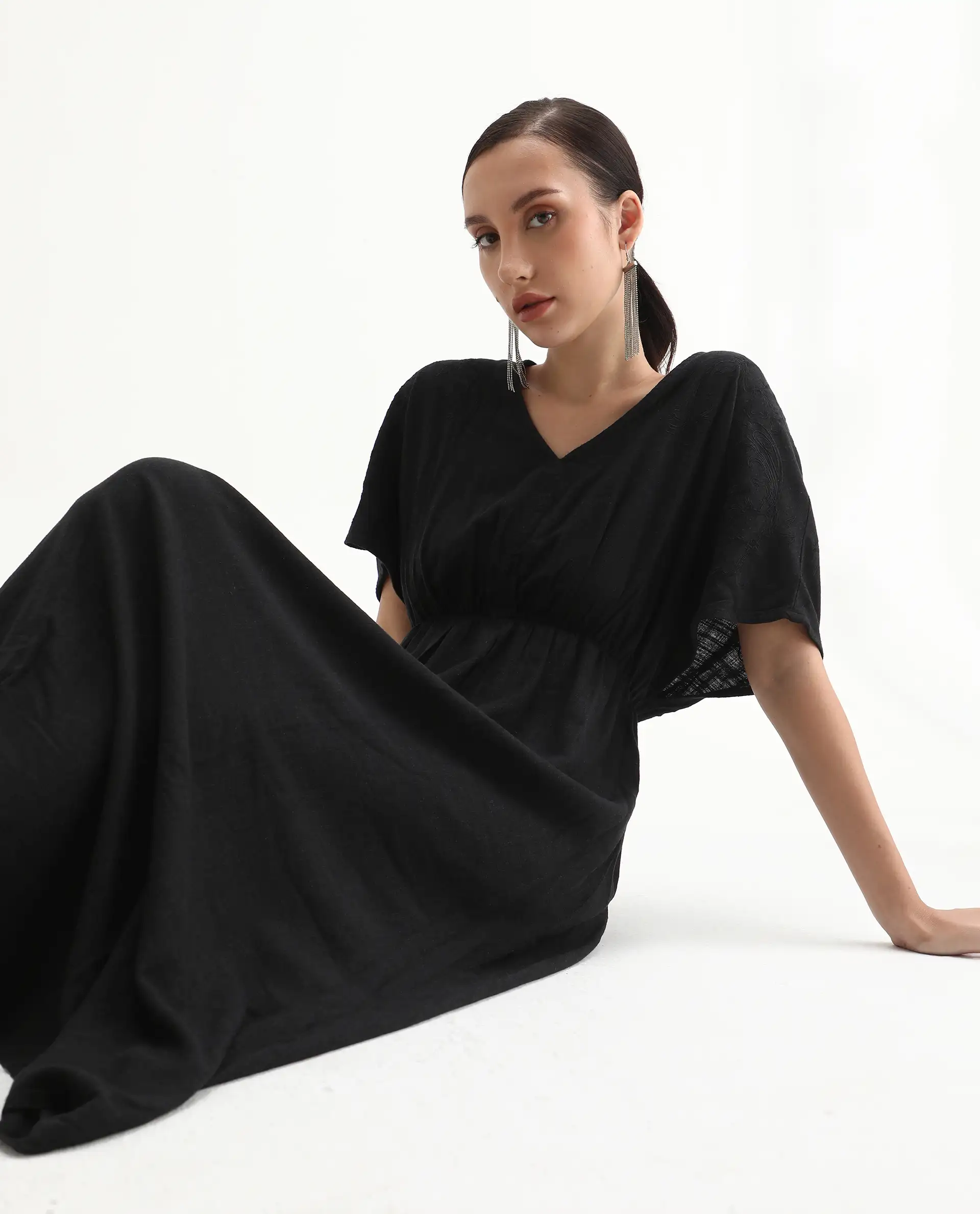 Rareism Women's Flynn Light Black Cotton Blend V-Neck Plain Extended Sleeves Maxi Fit And Flare Dress - Image 2