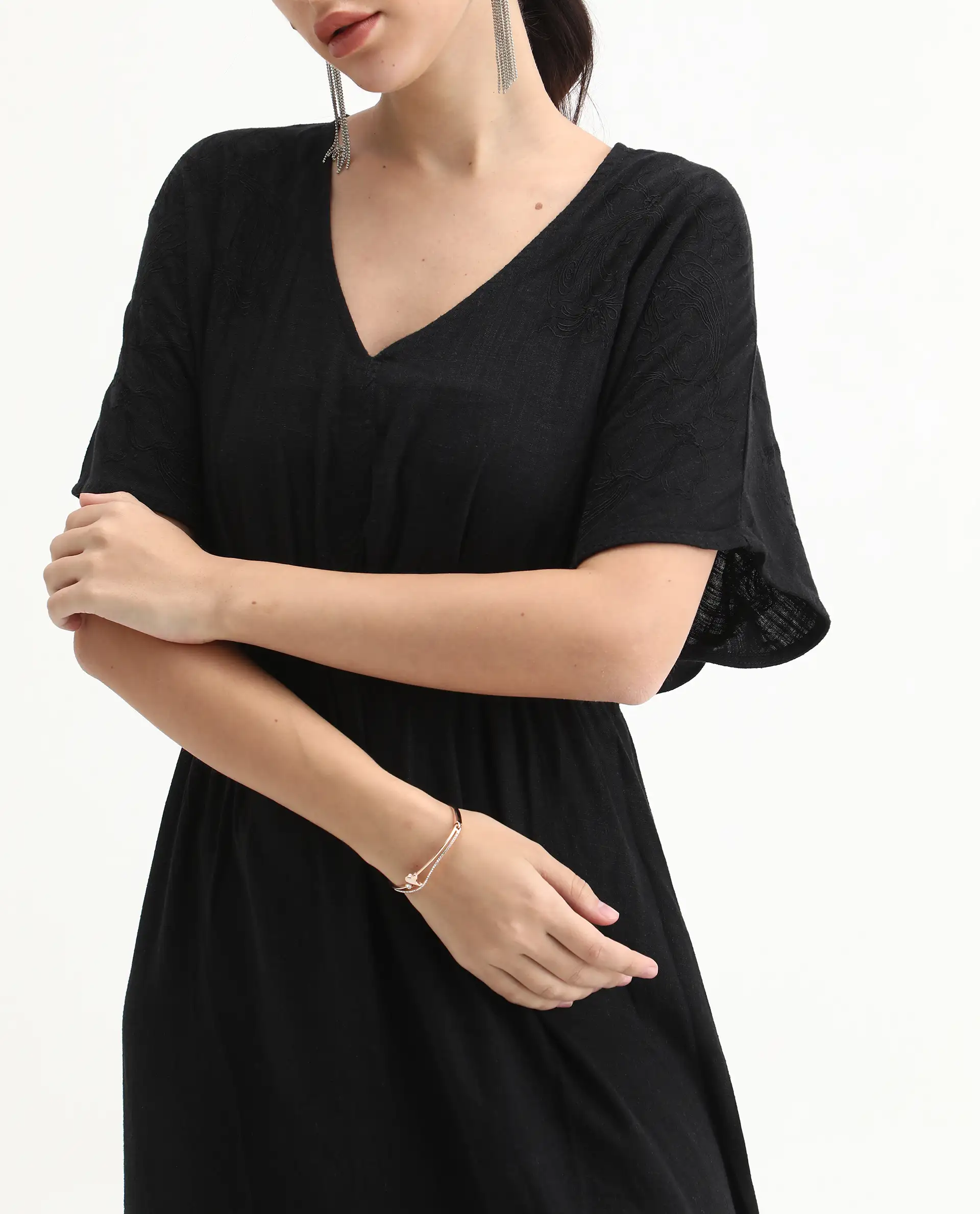 Rareism Women's Flynn Light Black Cotton Blend V-Neck Plain Extended Sleeves Maxi Fit And Flare Dress - Image 3