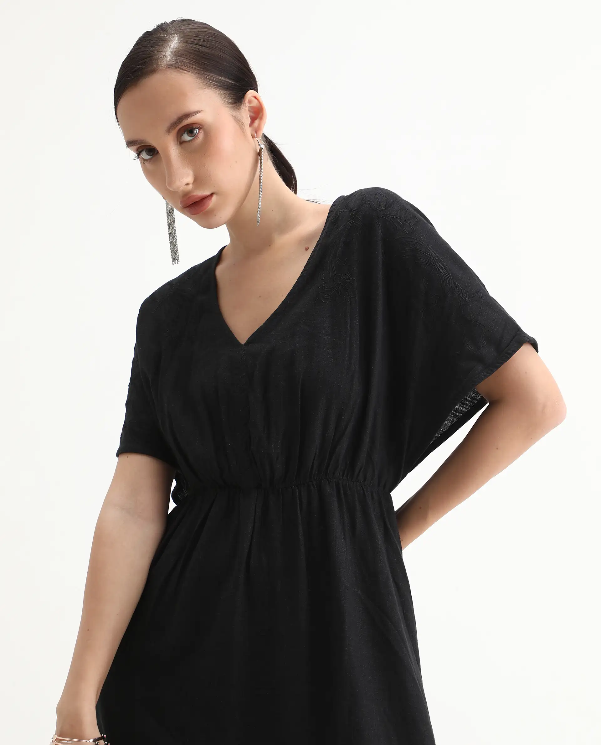 Rareism Women's Flynn Light Black Cotton Blend V-Neck Plain Extended Sleeves Maxi Fit And Flare Dress - Image 4