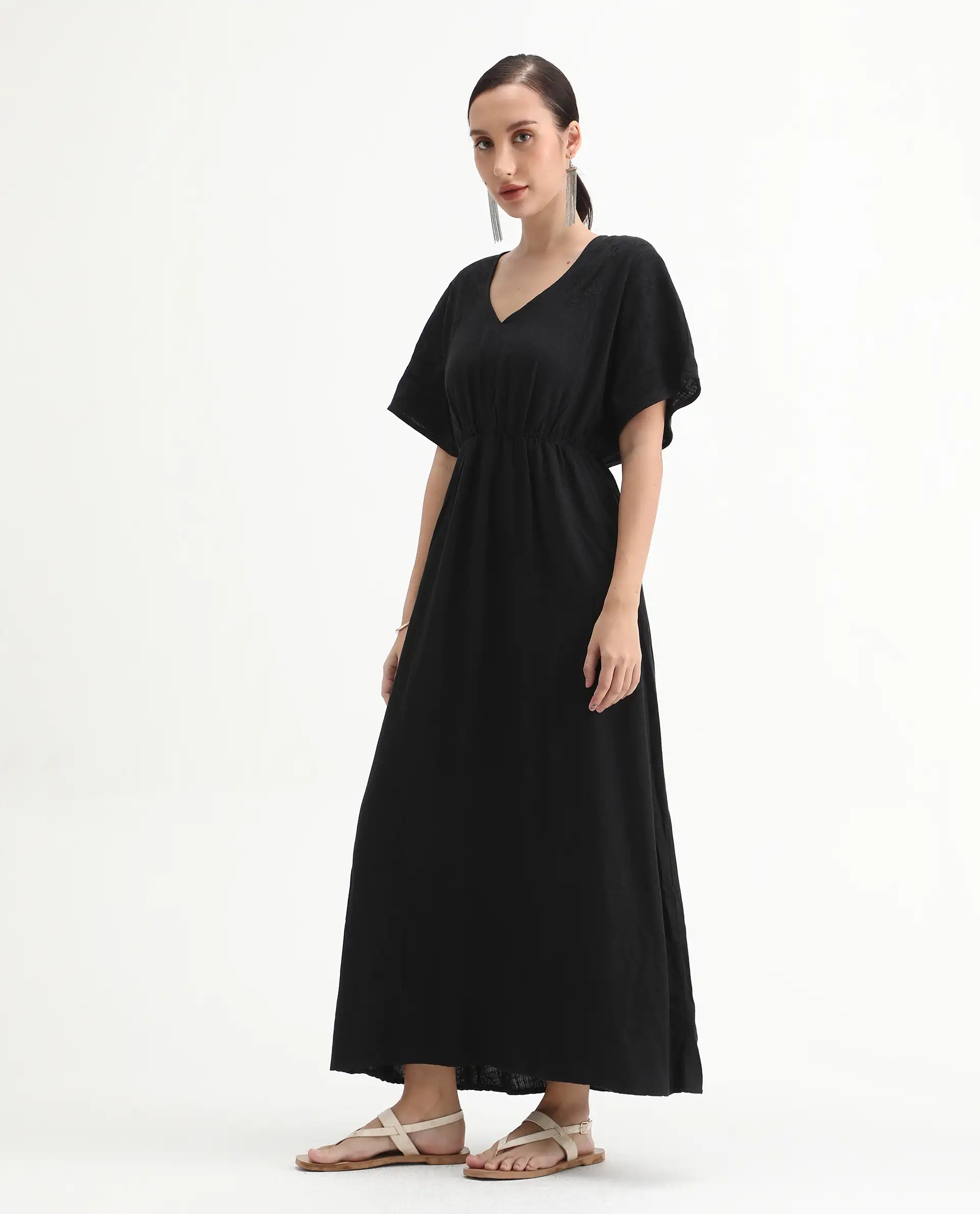 Rareism Women's Flynn Light Black Cotton Blend V-Neck Plain Extended Sleeves Maxi Fit And Flare Dress - Image 5