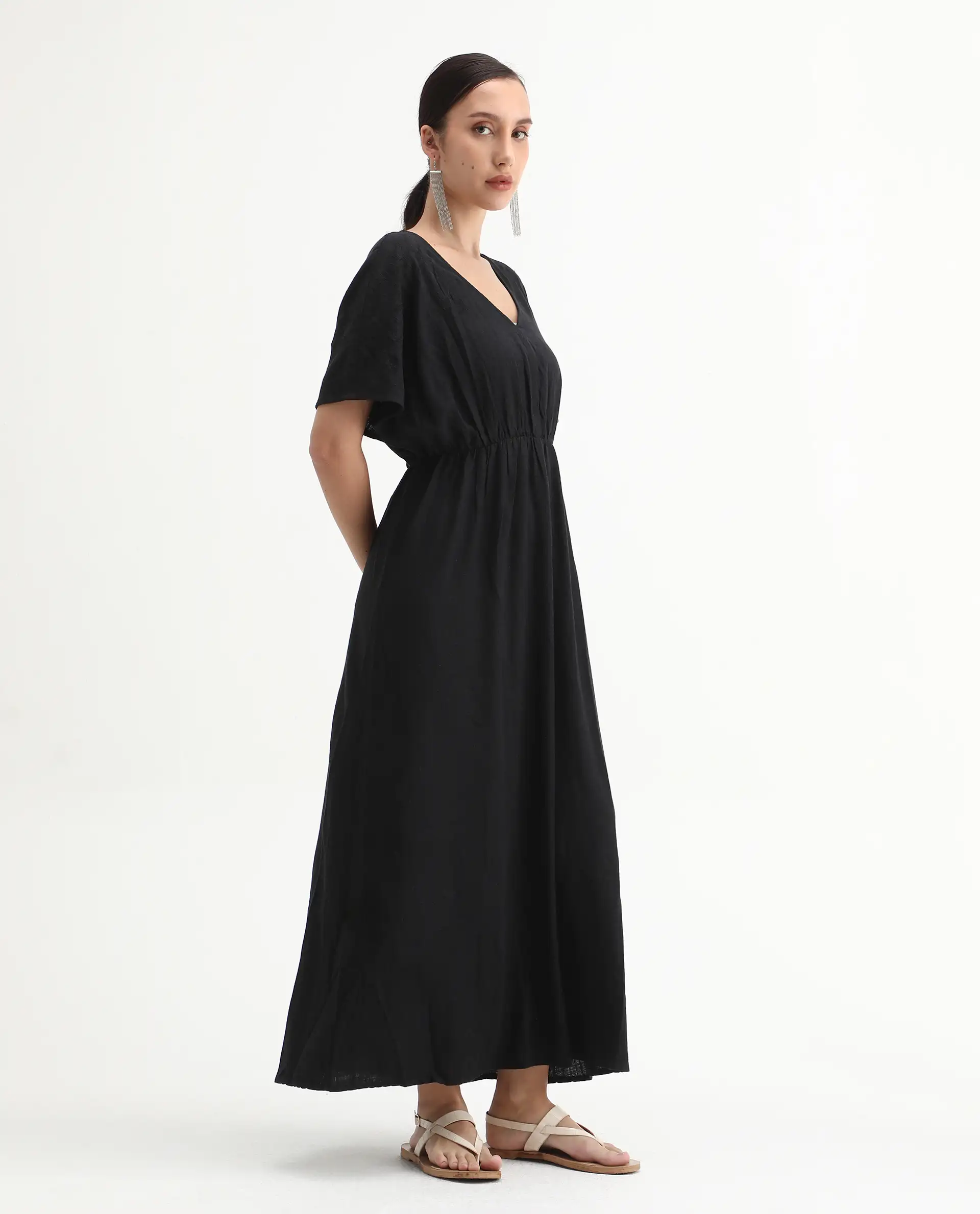 Rareism Women's Flynn Light Black Cotton Blend V-Neck Plain Extended Sleeves Maxi Fit And Flare Dress - Image 6
