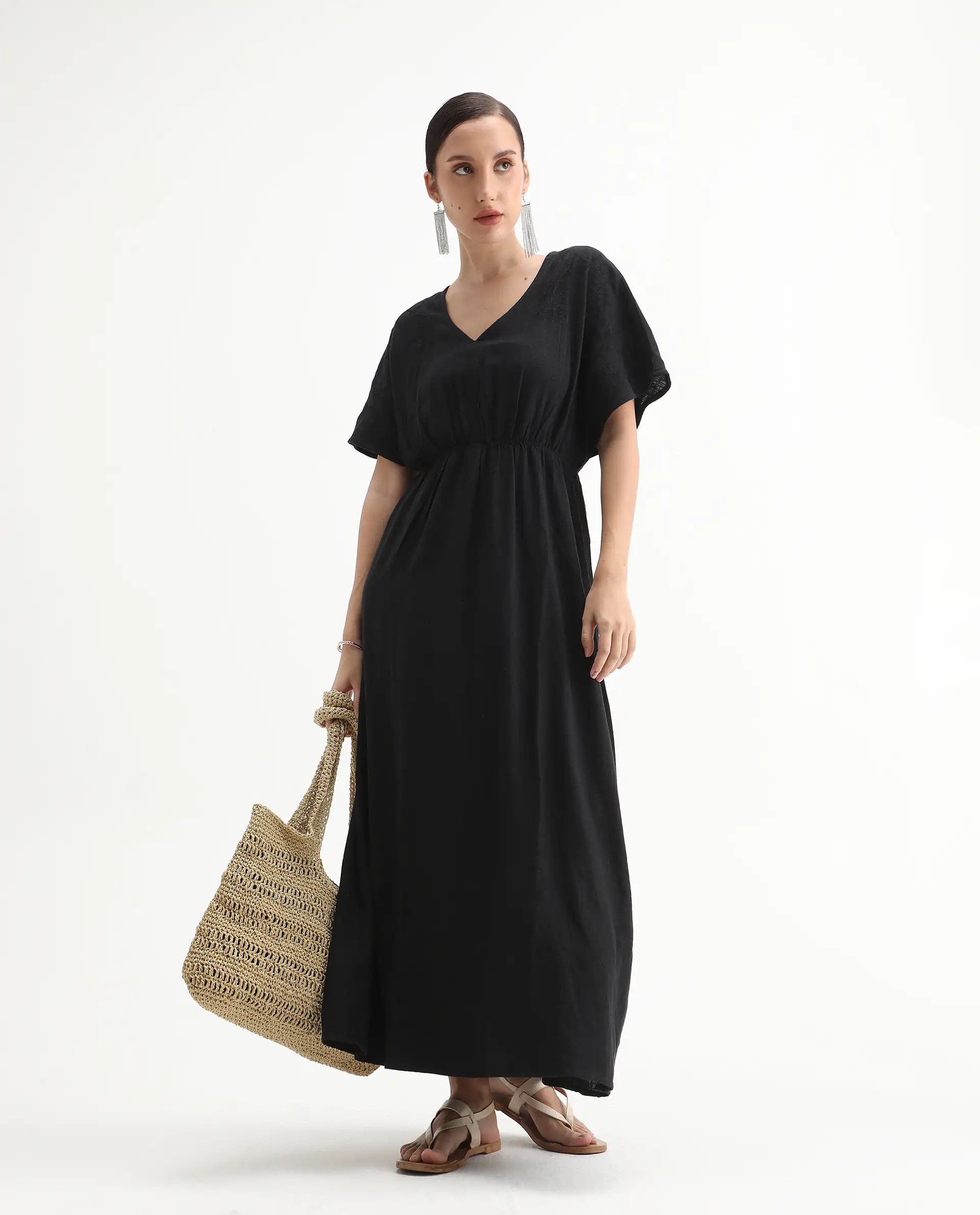 Rareism Women's Flynn Light Black Cotton Blend V-Neck Plain Extended Sleeves Maxi Fit And Flare Dress - Image 7