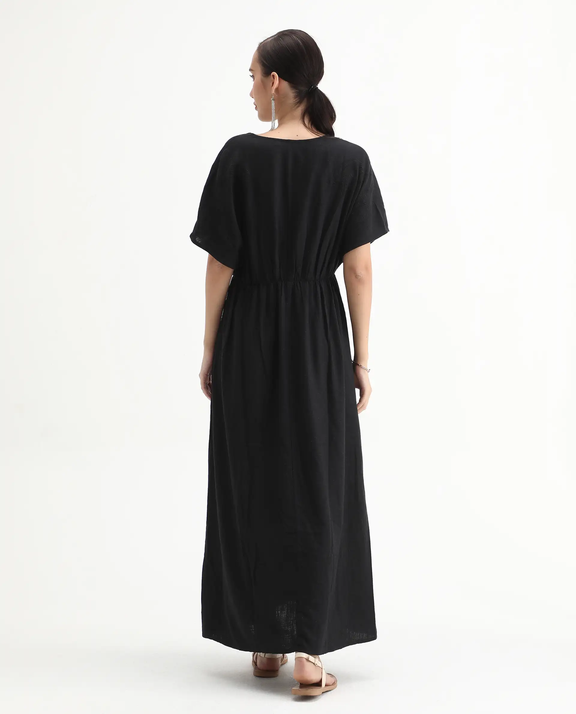 Rareism Women's Flynn Light Black Cotton Blend V-Neck Plain Extended Sleeves Maxi Fit And Flare Dress - Image 8