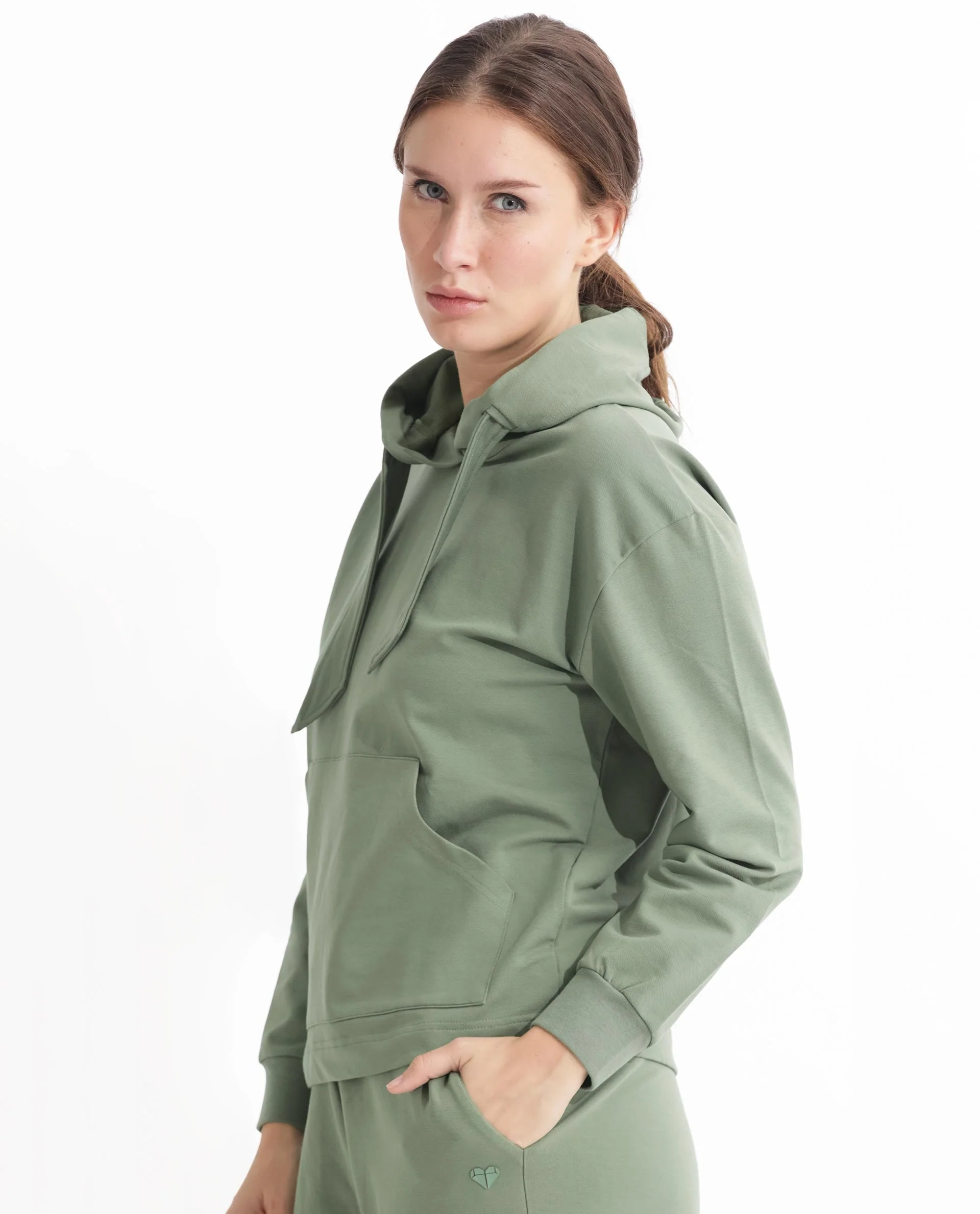 Rareism Women's Flynn Dusky Green Cotton Blend Hooded Plain Regular Fit Sweatshirt - Image 14