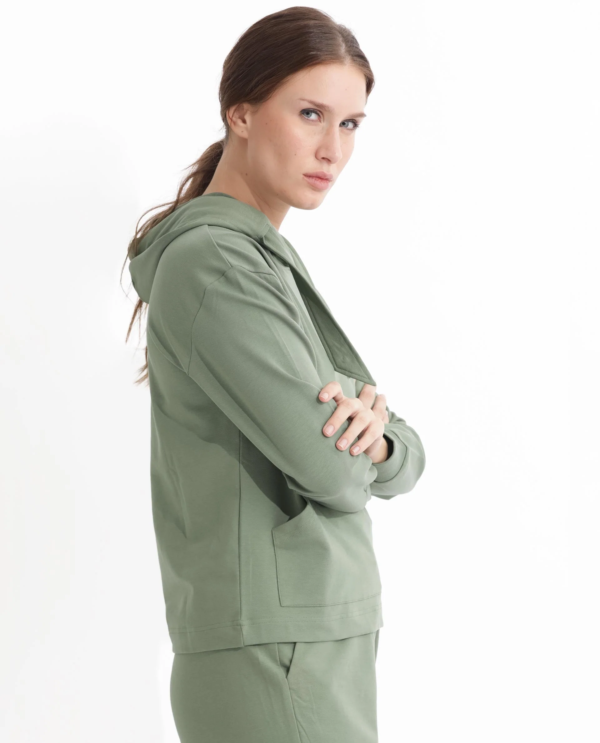 Rareism Women's Flynn Dusky Green Cotton Blend Hooded Plain Regular Fit Sweatshirt - Image 15