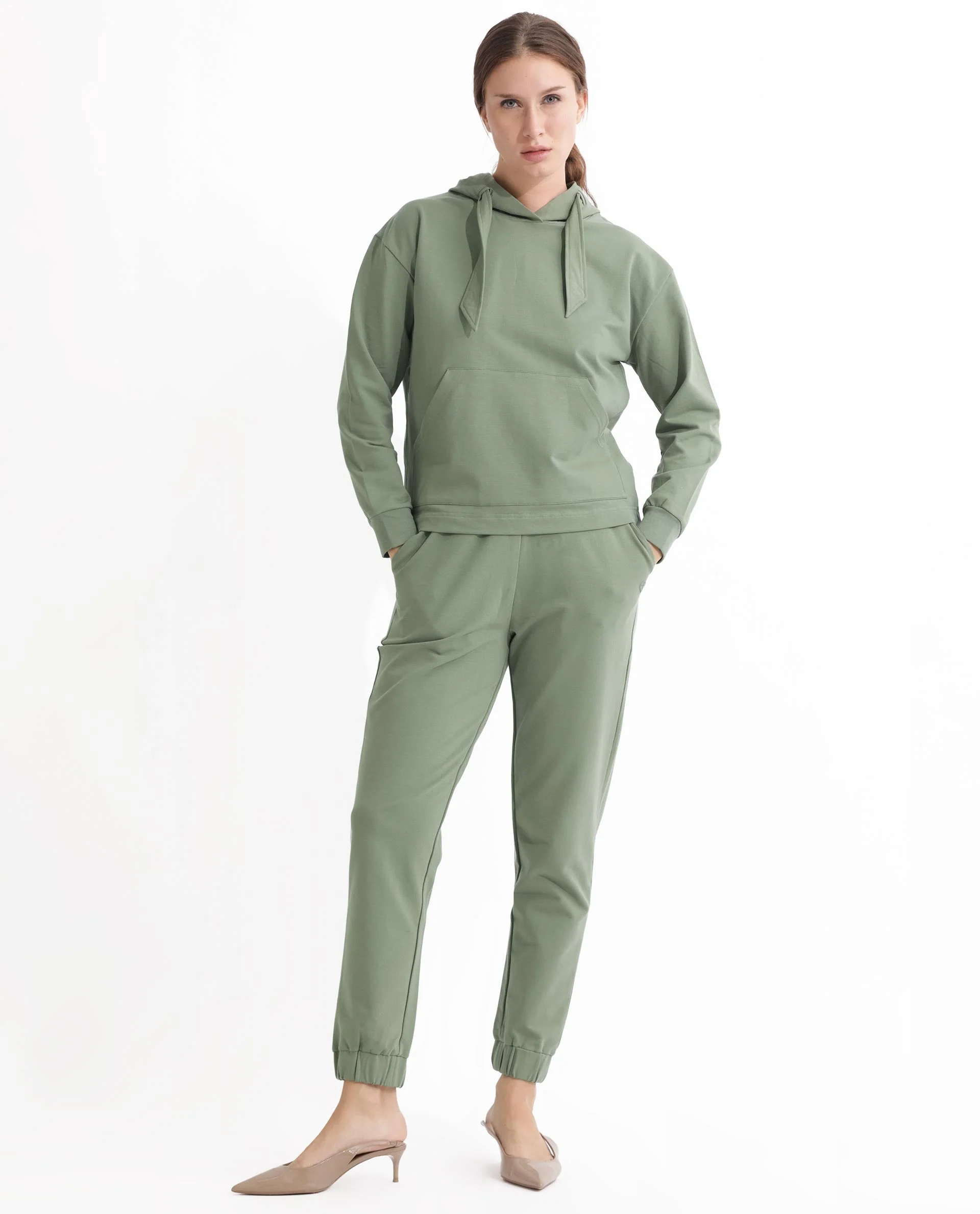 Rareism Women's Flynn Dusky Green Cotton Blend Hooded Plain Regular Fit Sweatshirt - Image 3
