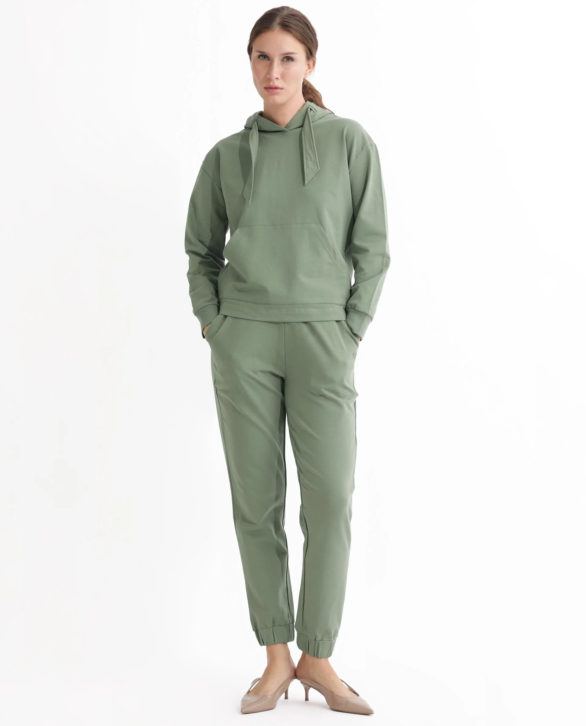 Rareism Women's Flynn Dusky Green Cotton Blend Hooded Plain Regular Fit Sweatshirt - Image 4