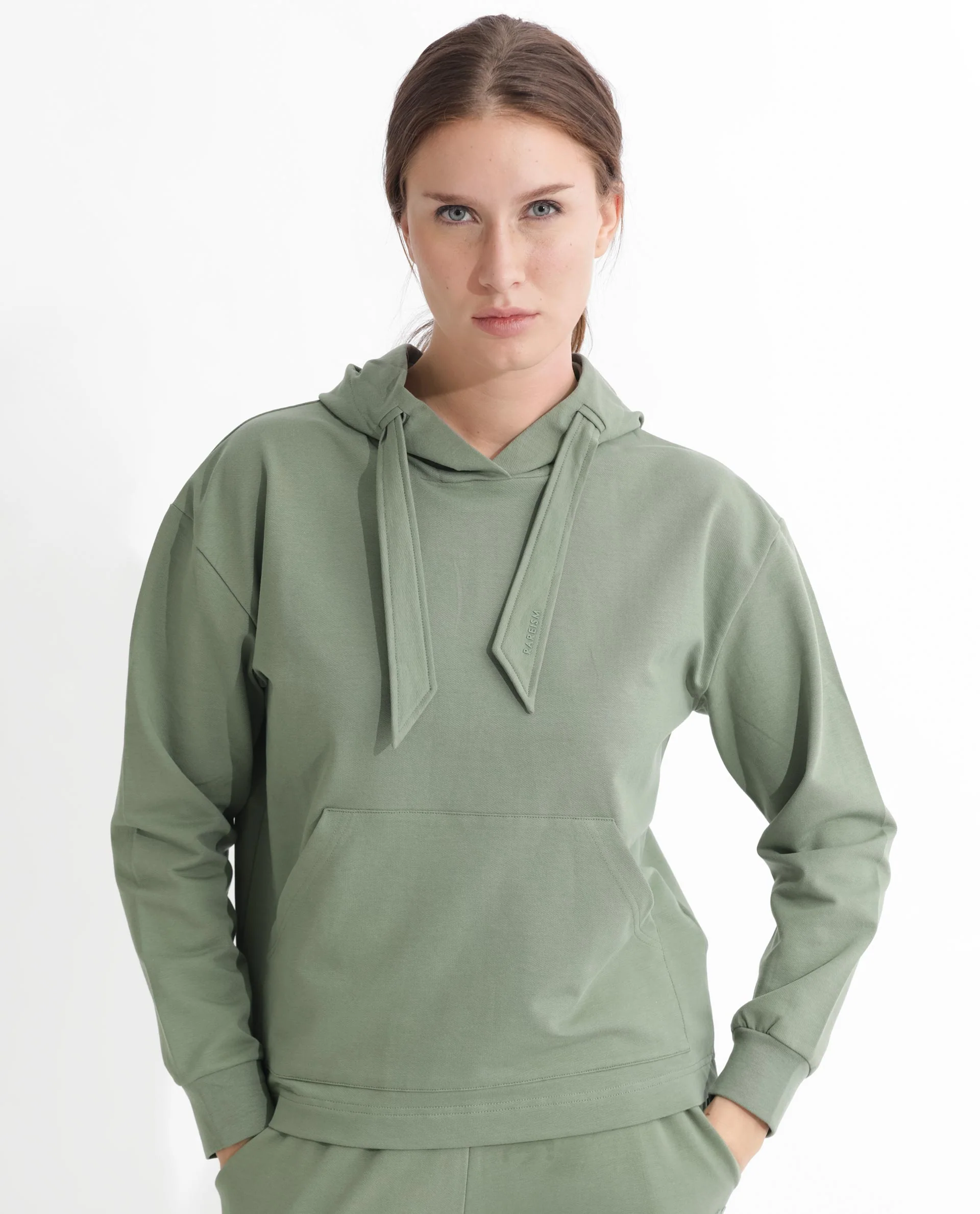 Rareism Women's Flynn Dusky Green Cotton Blend Hooded Plain Regular Fit Sweatshirt - Image 7
