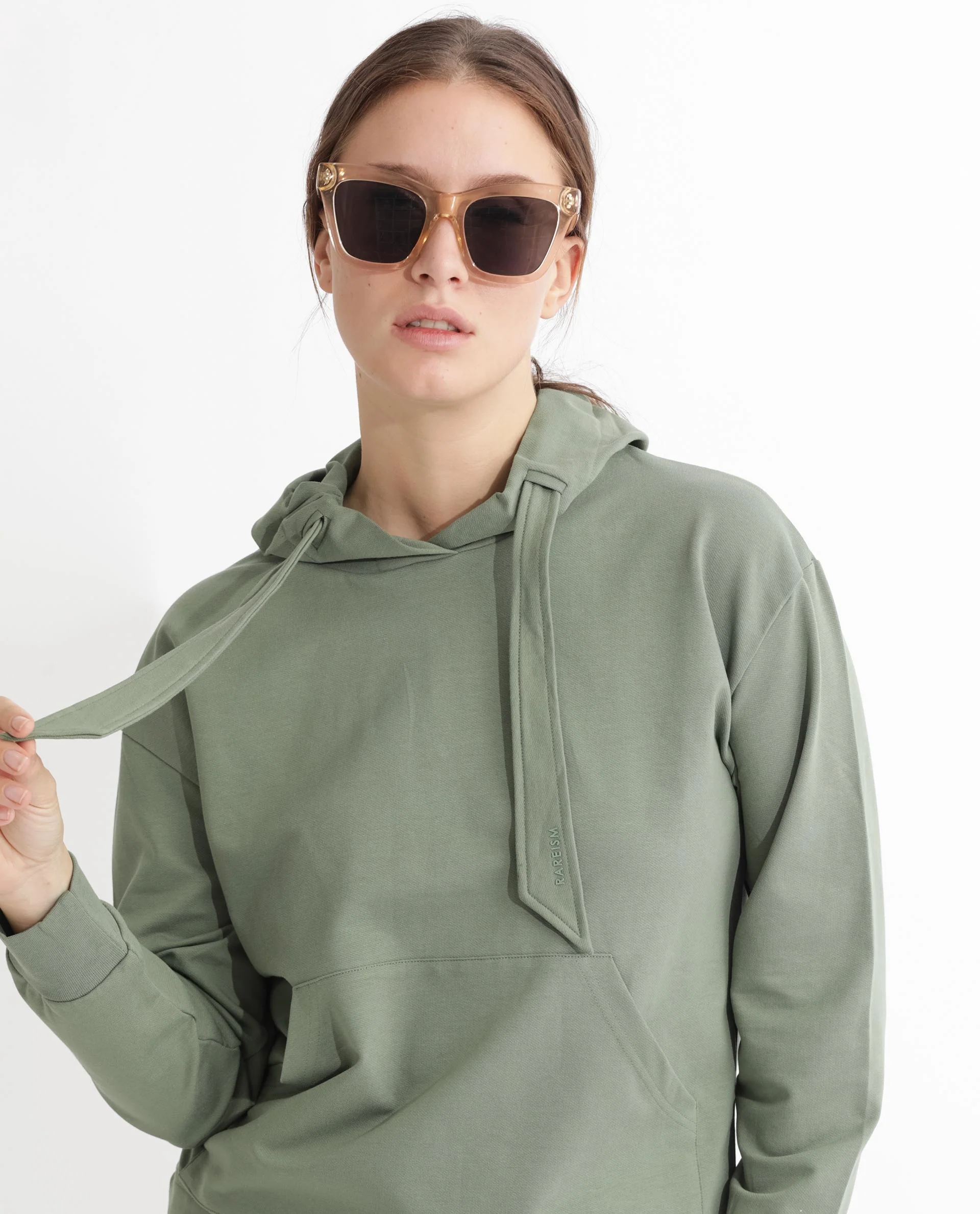 Rareism Women's Flynn Dusky Green Cotton Blend Hooded Plain Regular Fit Sweatshirt - Image 9