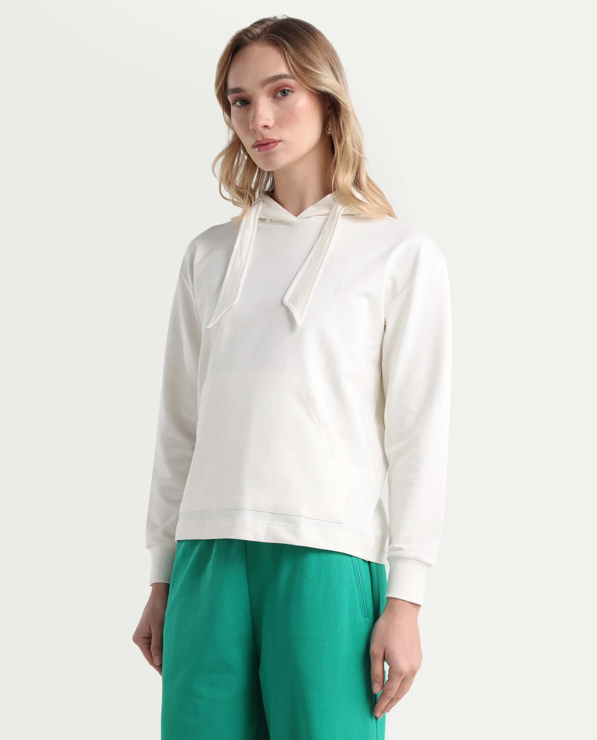 Rareism Women's Flynn Off White Cotton Blend Hooded Plain Regular Fit Sweatshirt - Image 5