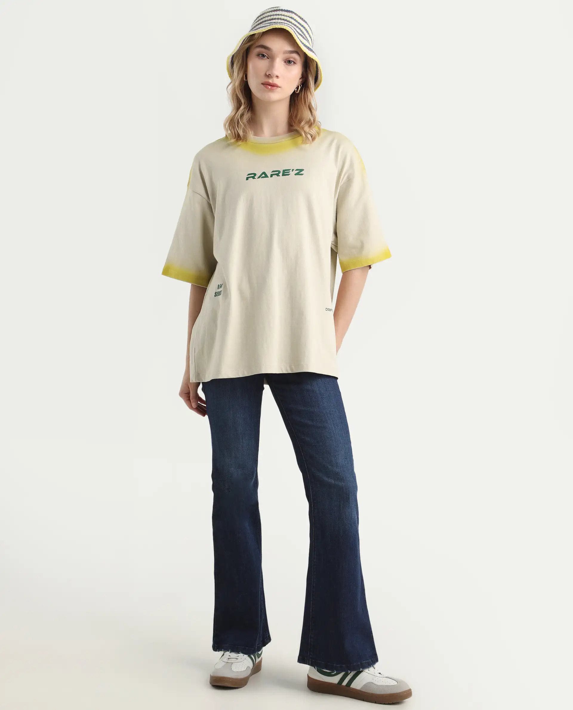 Rareism Women's Foakoe Beige Cotton Graphic Print Oversized T-Shirt