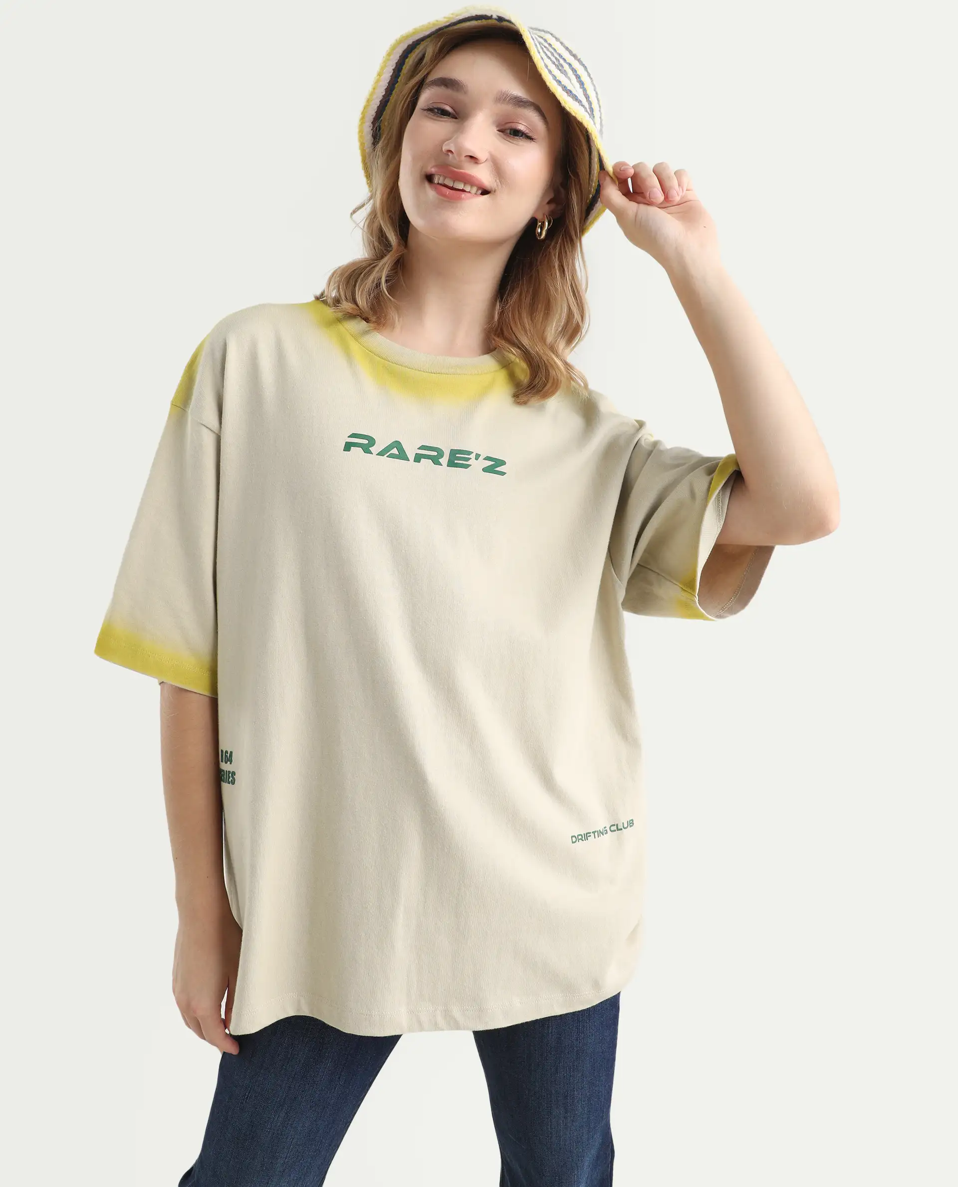 Rareism Women's Foakoe Beige Cotton Graphic Print Oversized T-Shirt - Image 2