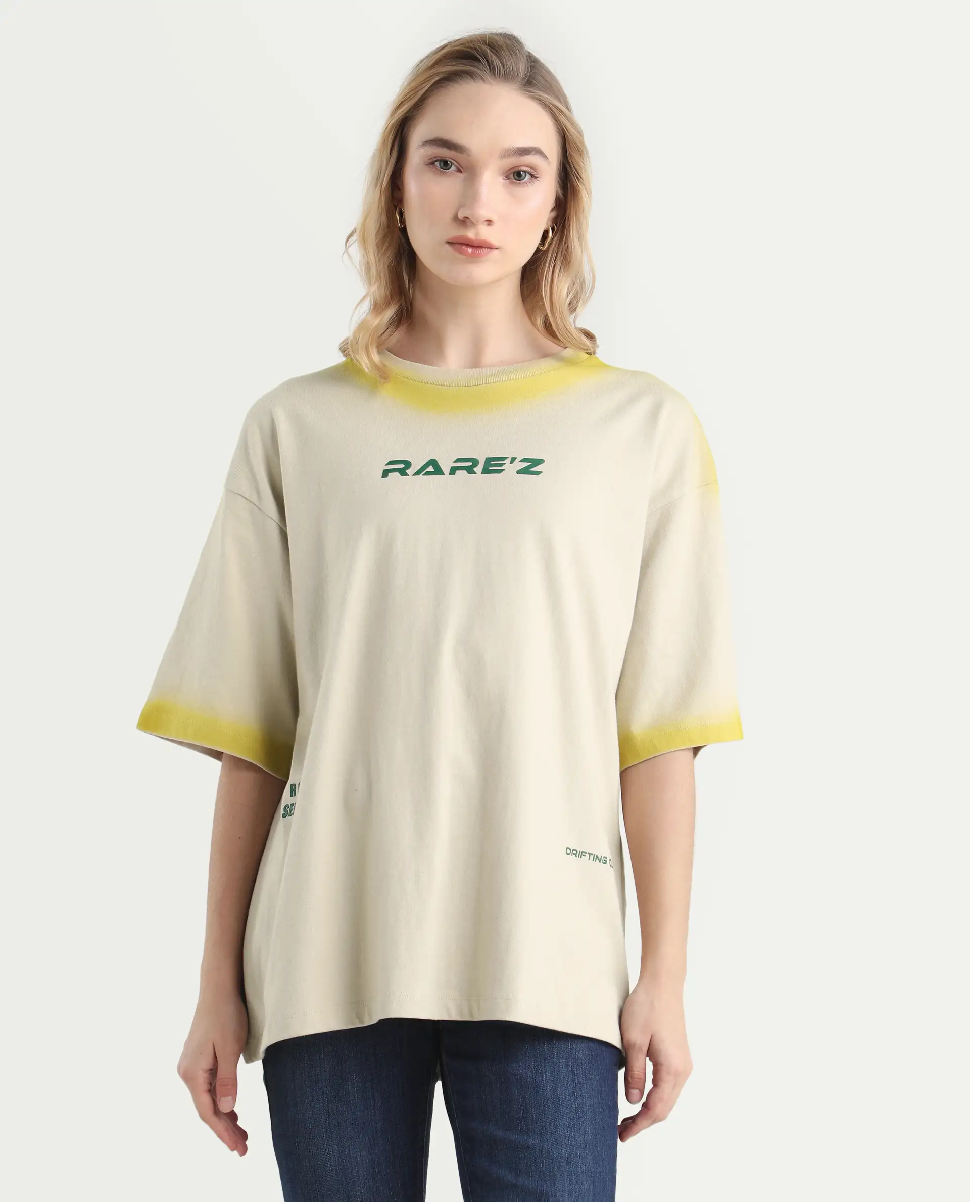 Rareism Women's Foakoe Beige Cotton Graphic Print Oversized T-Shirt - Image 3