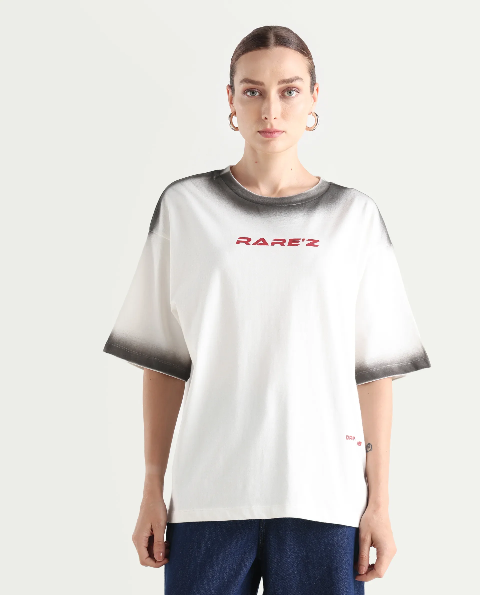 Rareism Women's Foakoe Off White Cotton Graphic Print Oversized T-Shirt Oversize - Image 3