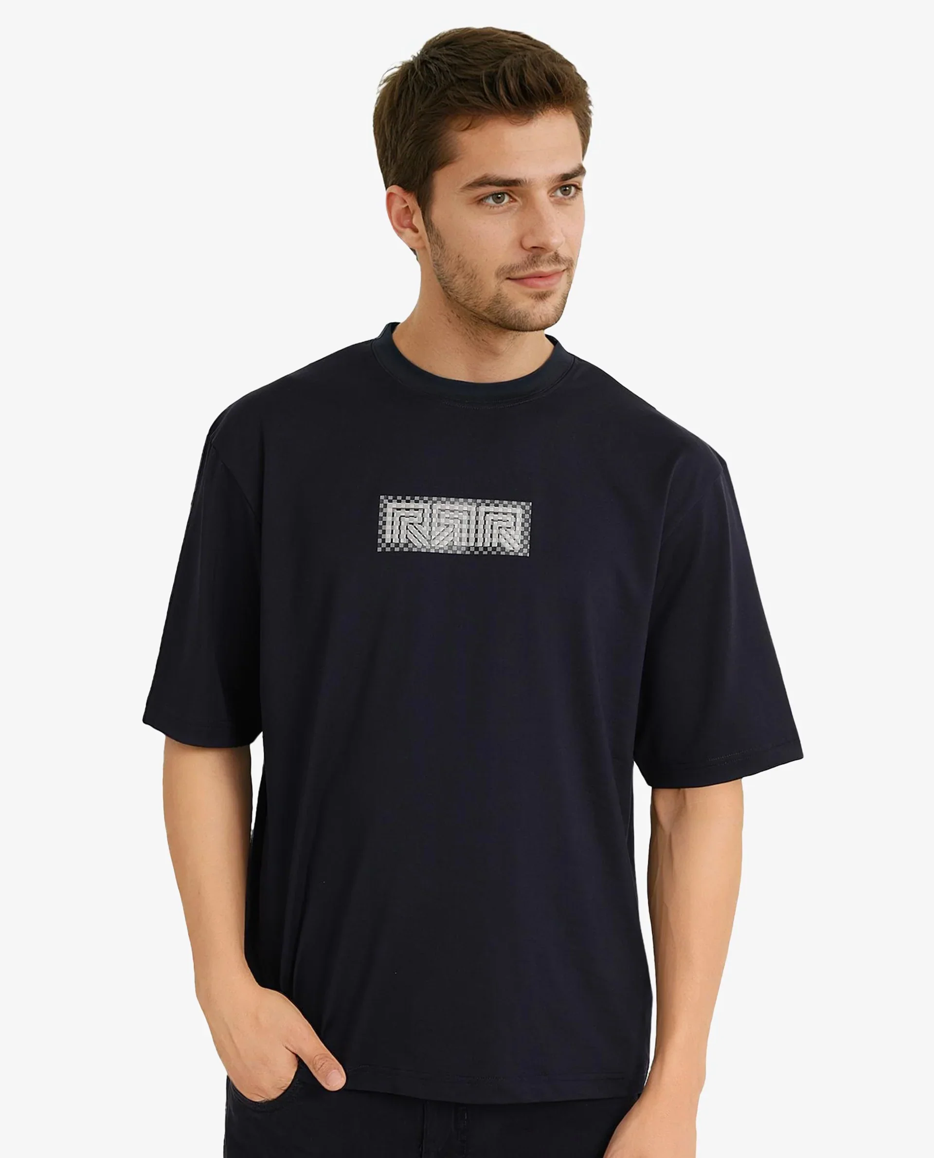 Rare Rabbit Men's Fobo Navy Cotton Blend Monogram Print Regular Fit Half Sleeve Crew Neck T-Shirt - Image 10