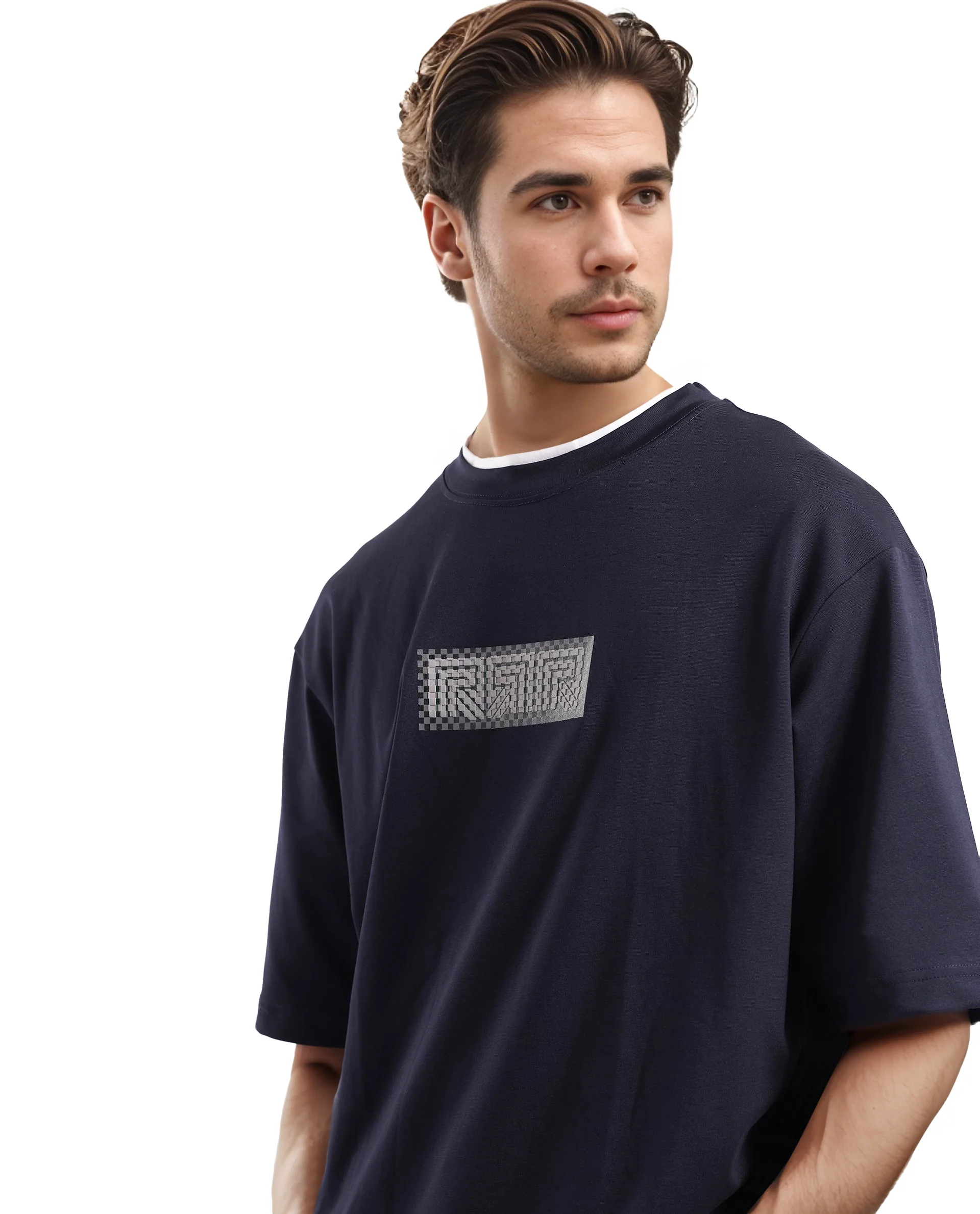 Rare Rabbit Men's Fobo Navy Cotton Blend Monogram Print Regular Fit Half Sleeve Crew Neck T-Shirt - Image 11