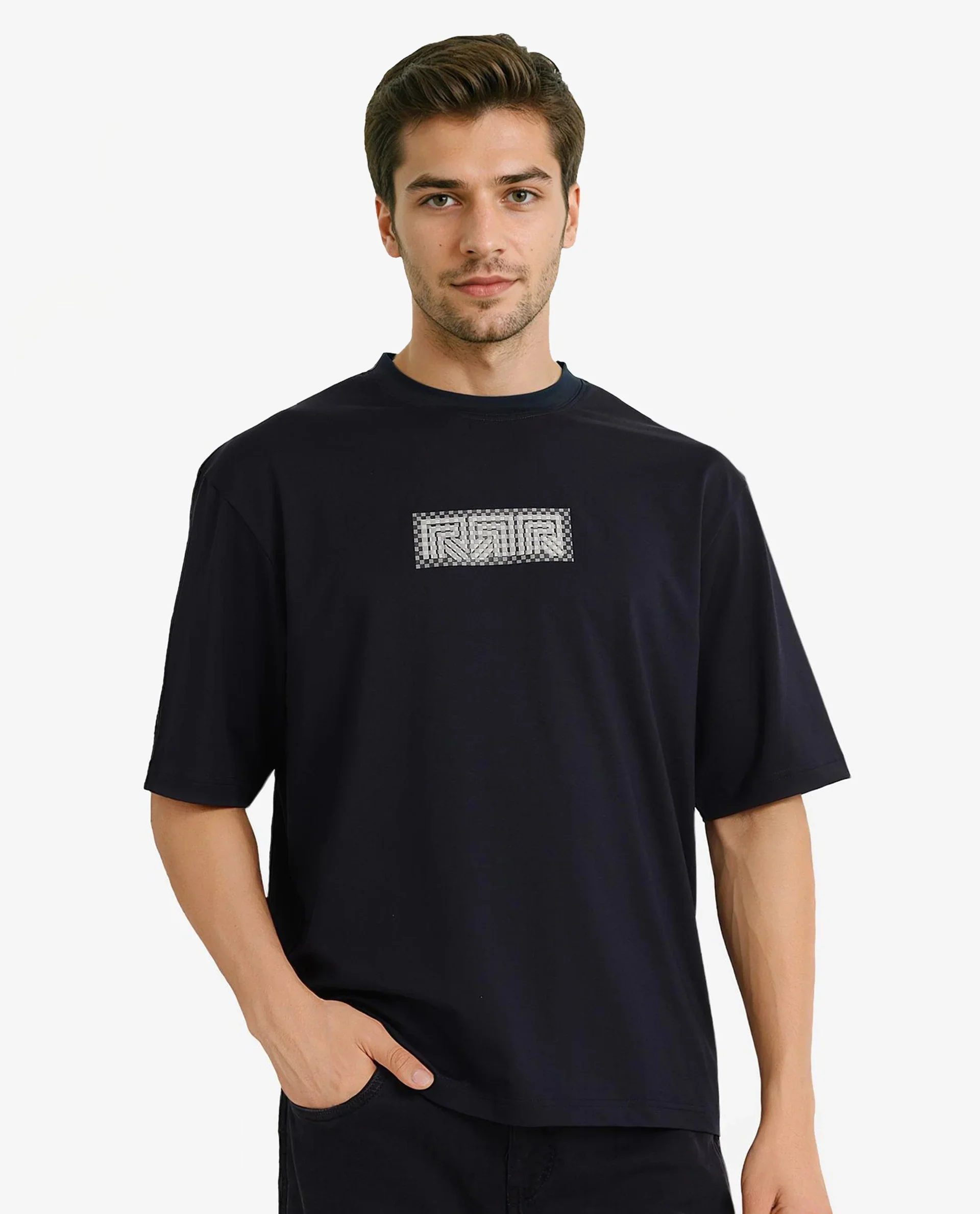 Rare Rabbit Men's Fobo Navy Cotton Blend Monogram Print Regular Fit Half Sleeve Crew Neck T-Shirt - Image 4