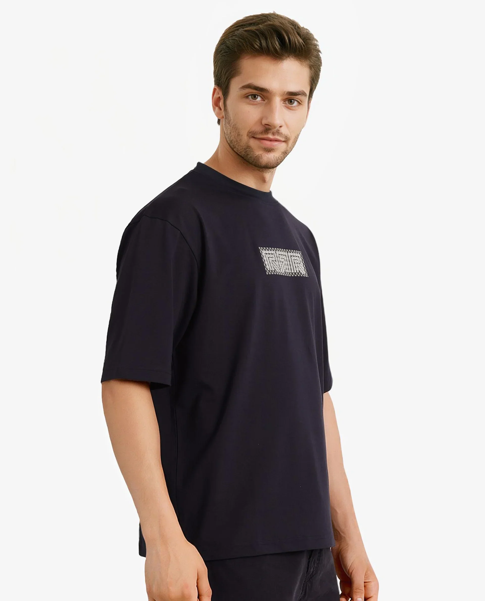 Rare Rabbit Men's Fobo Navy Cotton Blend Monogram Print Regular Fit Half Sleeve Crew Neck T-Shirt - Image 8