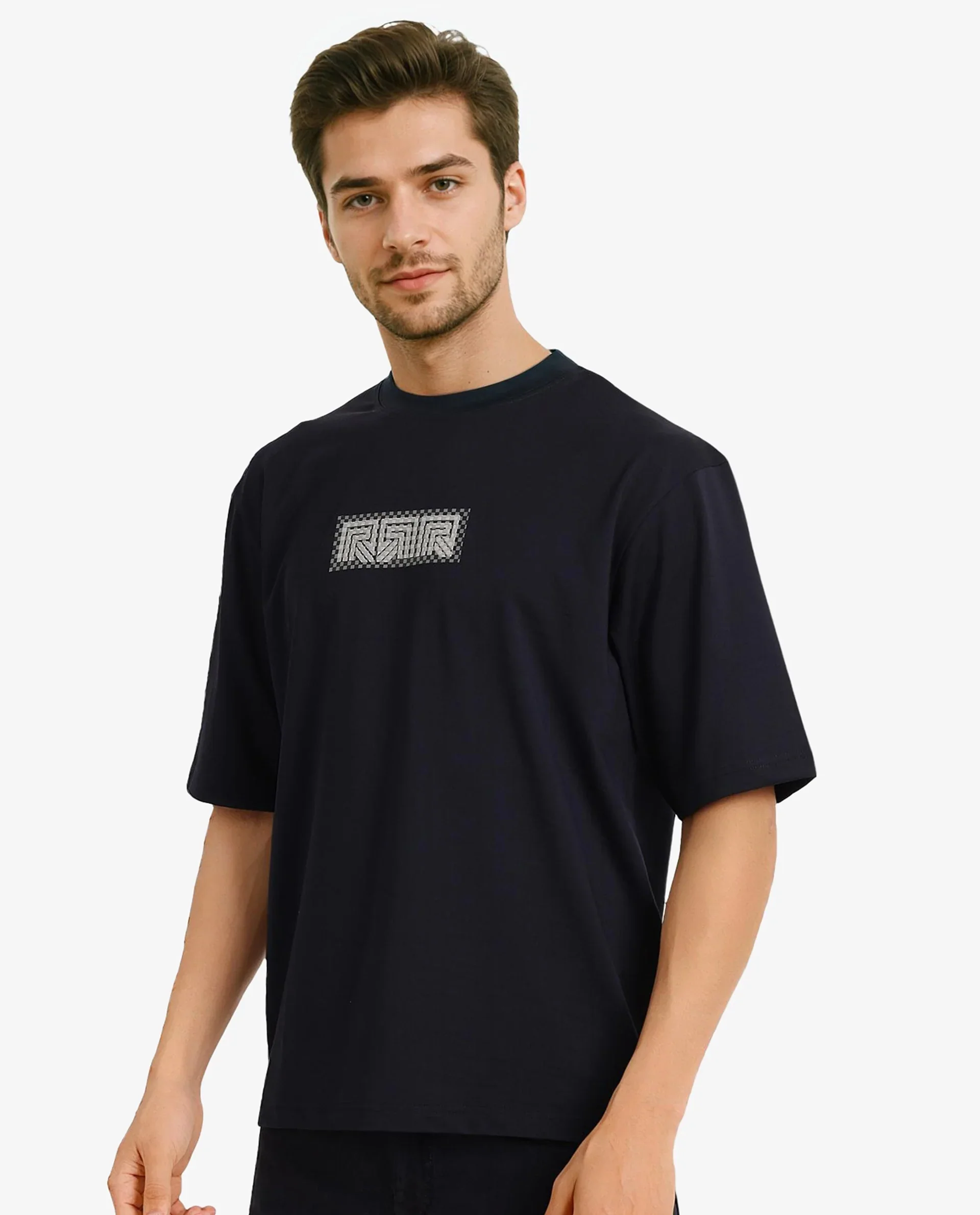 Rare Rabbit Men's Fobo Navy Cotton Blend Monogram Print Regular Fit Half Sleeve Crew Neck T-Shirt - Image 9