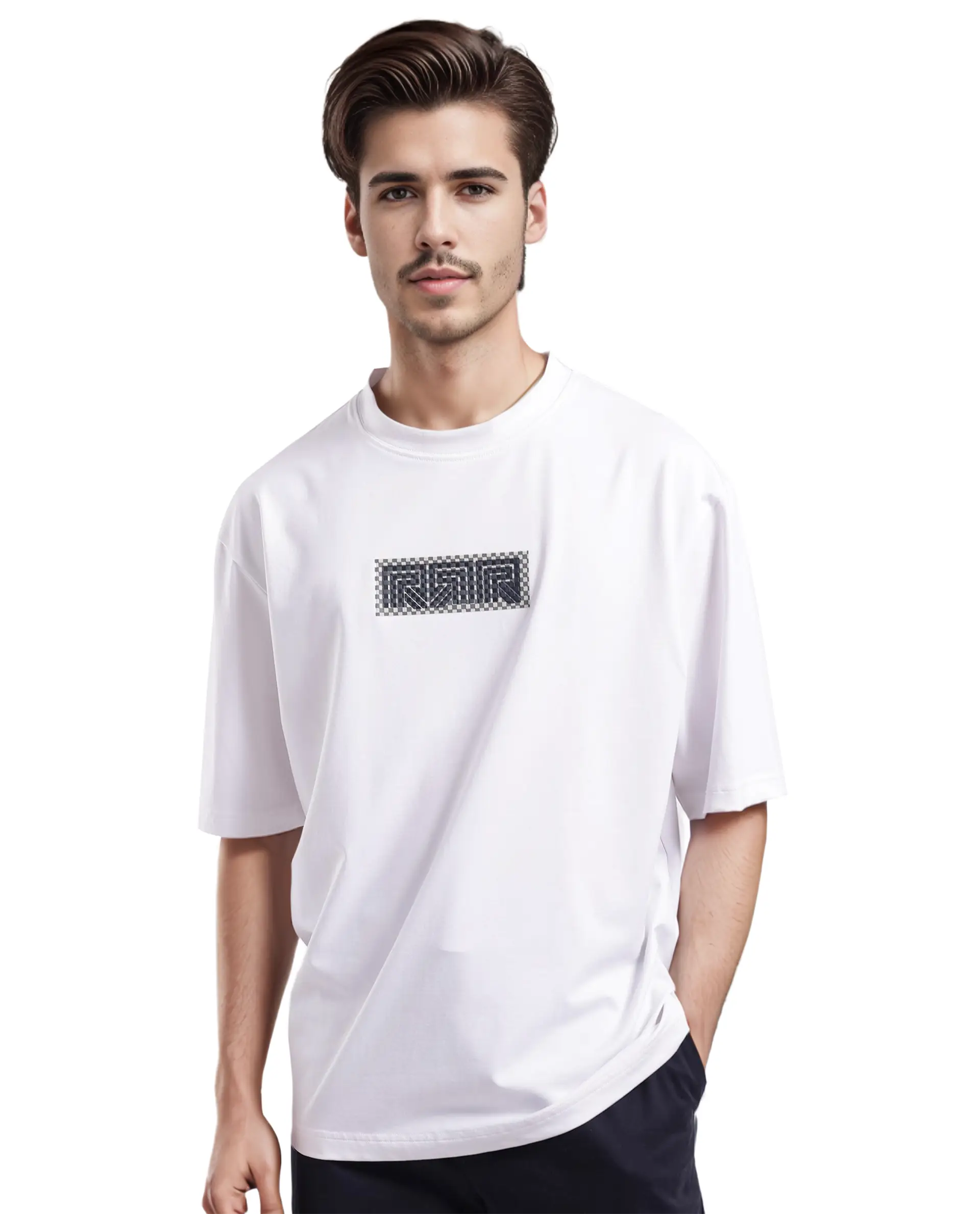 Rare Rabbit Men's Fobo White Cotton Blend Monogram Print Regular Fit Half Sleeve Crew Neck T-Shirt - Image 3