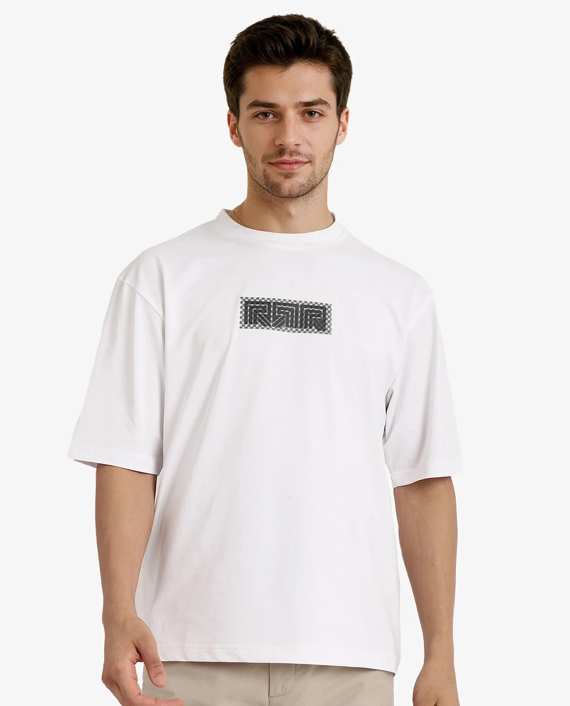 Rare Rabbit Men's Fobo White Cotton Blend Monogram Print Regular Fit Half Sleeve Crew Neck T-Shirt - Image 4