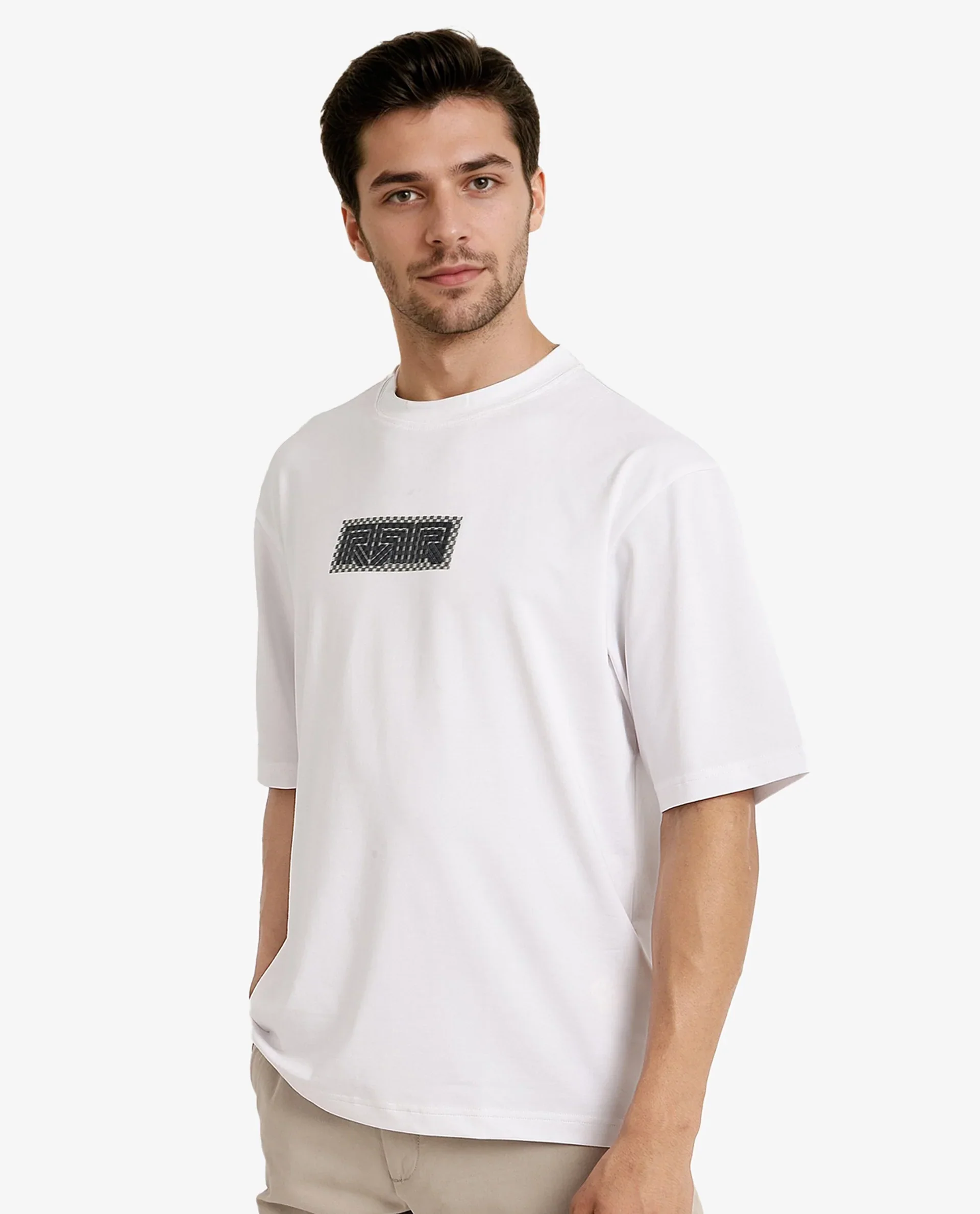 Rare Rabbit Men's Fobo White Cotton Blend Monogram Print Regular Fit Half Sleeve Crew Neck T-Shirt - Image 7
