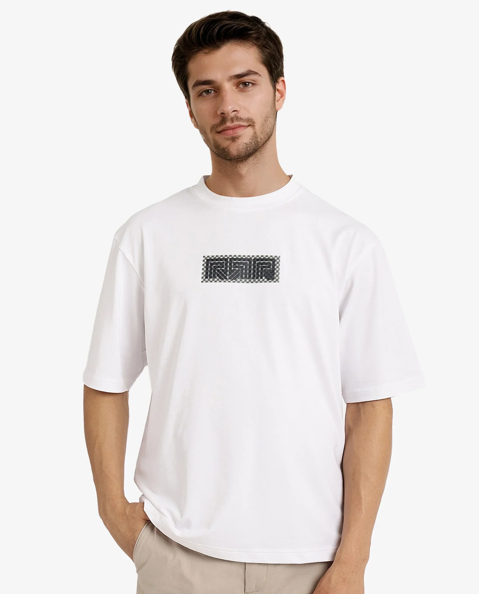 Rare Rabbit Men's Fobo White Cotton Blend Monogram Print Regular Fit Half Sleeve Crew Neck T-Shirt - Image 8
