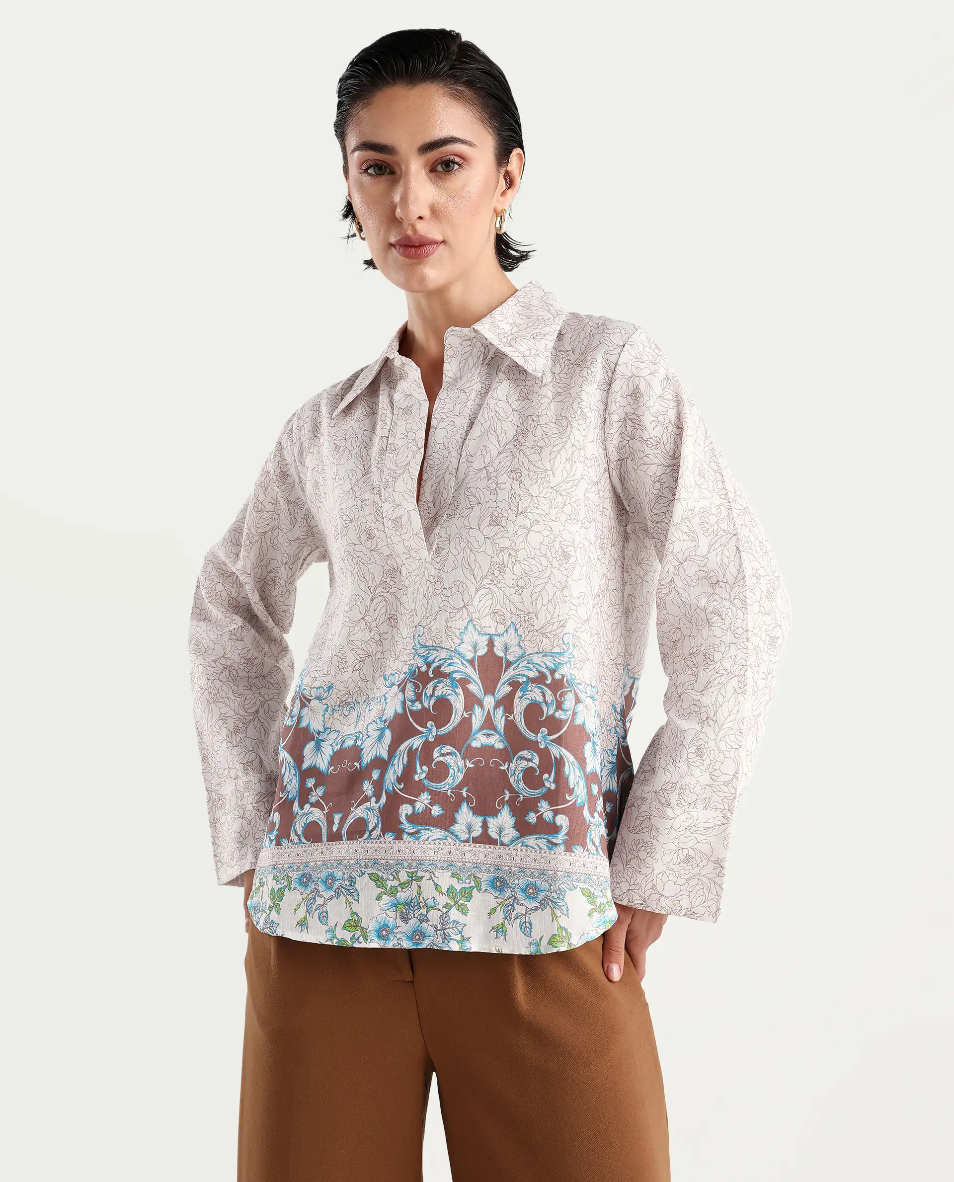 Rareism Women's Fofianie Light Brown Cotton Blend Drop Collar Abstract Print Bell Sleeve Regular Fit Top