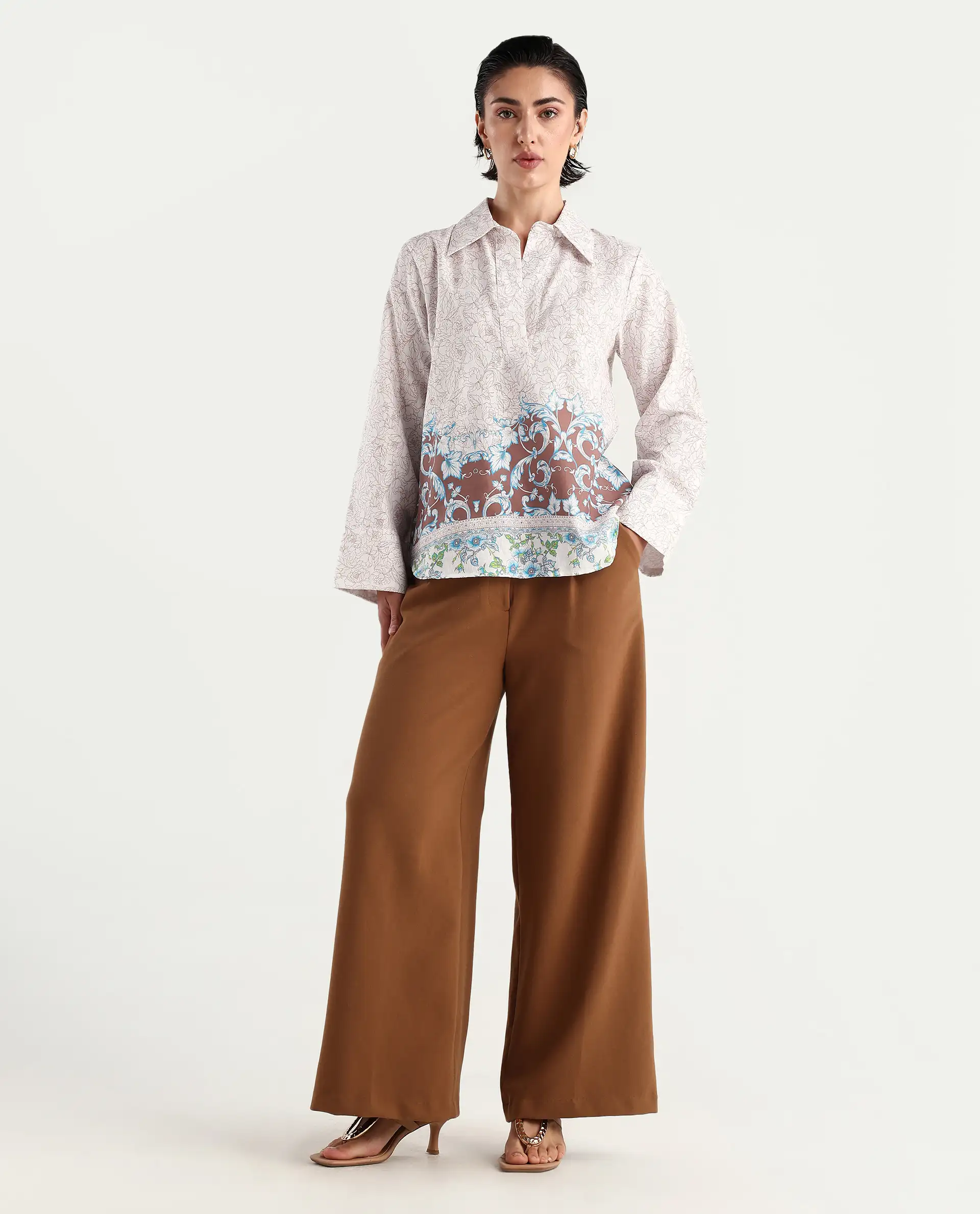 Rareism Women's Fofianie Light Brown Cotton Blend Drop Collar Abstract Print Bell Sleeve Regular Fit Top - Image 2