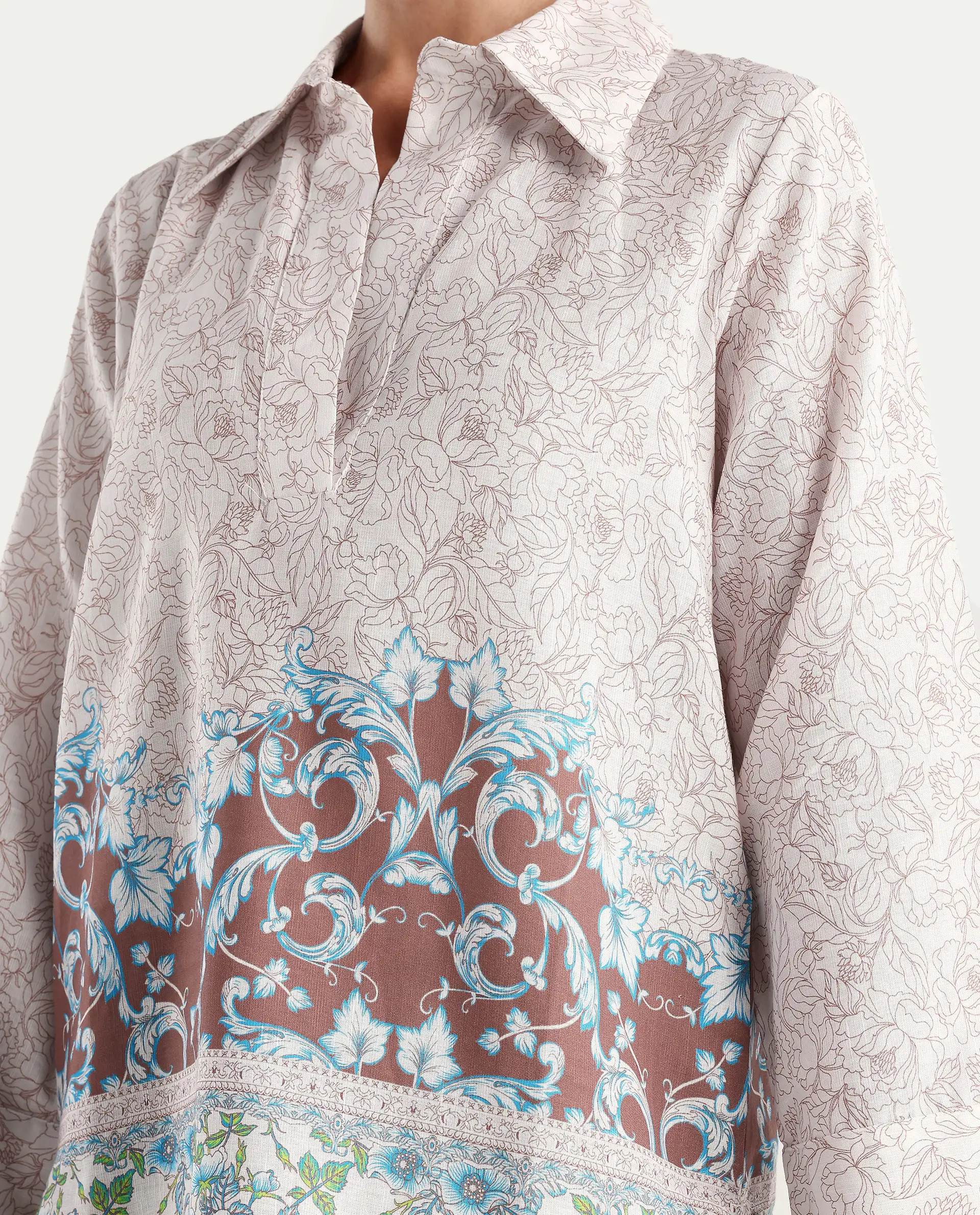 Rareism Women's Fofianie Light Brown Cotton Blend Drop Collar Abstract Print Bell Sleeve Regular Fit Top - Image 3