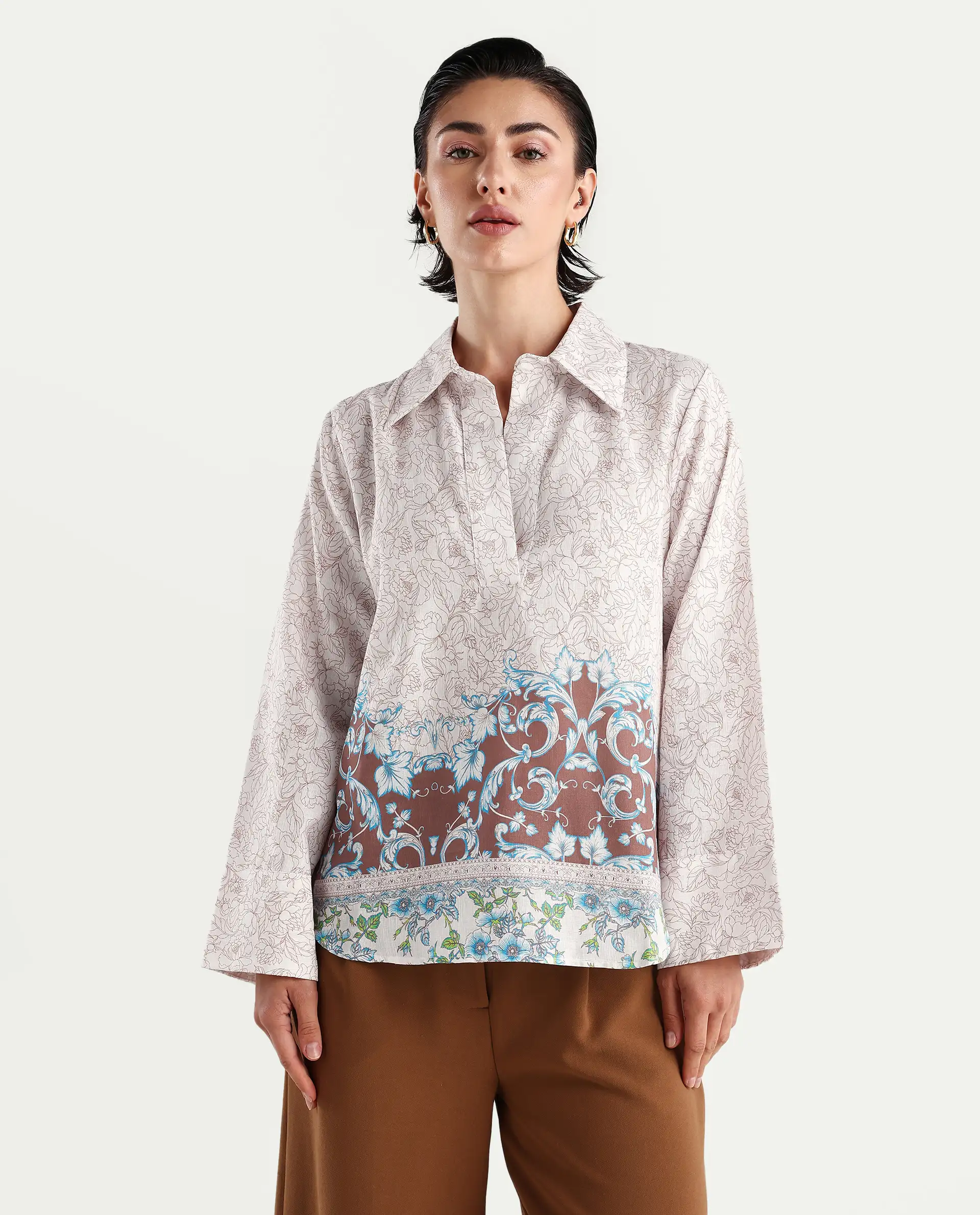 Rareism Women's Fofianie Light Brown Cotton Blend Drop Collar Abstract Print Bell Sleeve Regular Fit Top - Image 4