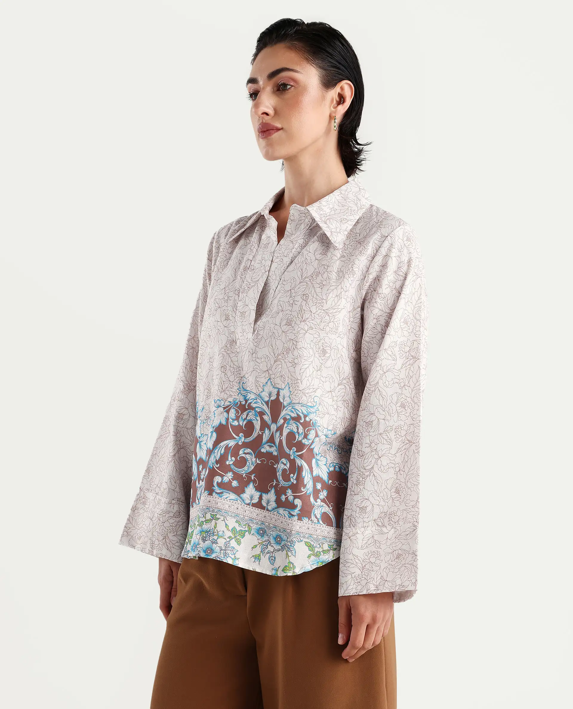 Rareism Women's Fofianie Light Brown Cotton Blend Drop Collar Abstract Print Bell Sleeve Regular Fit Top - Image 5