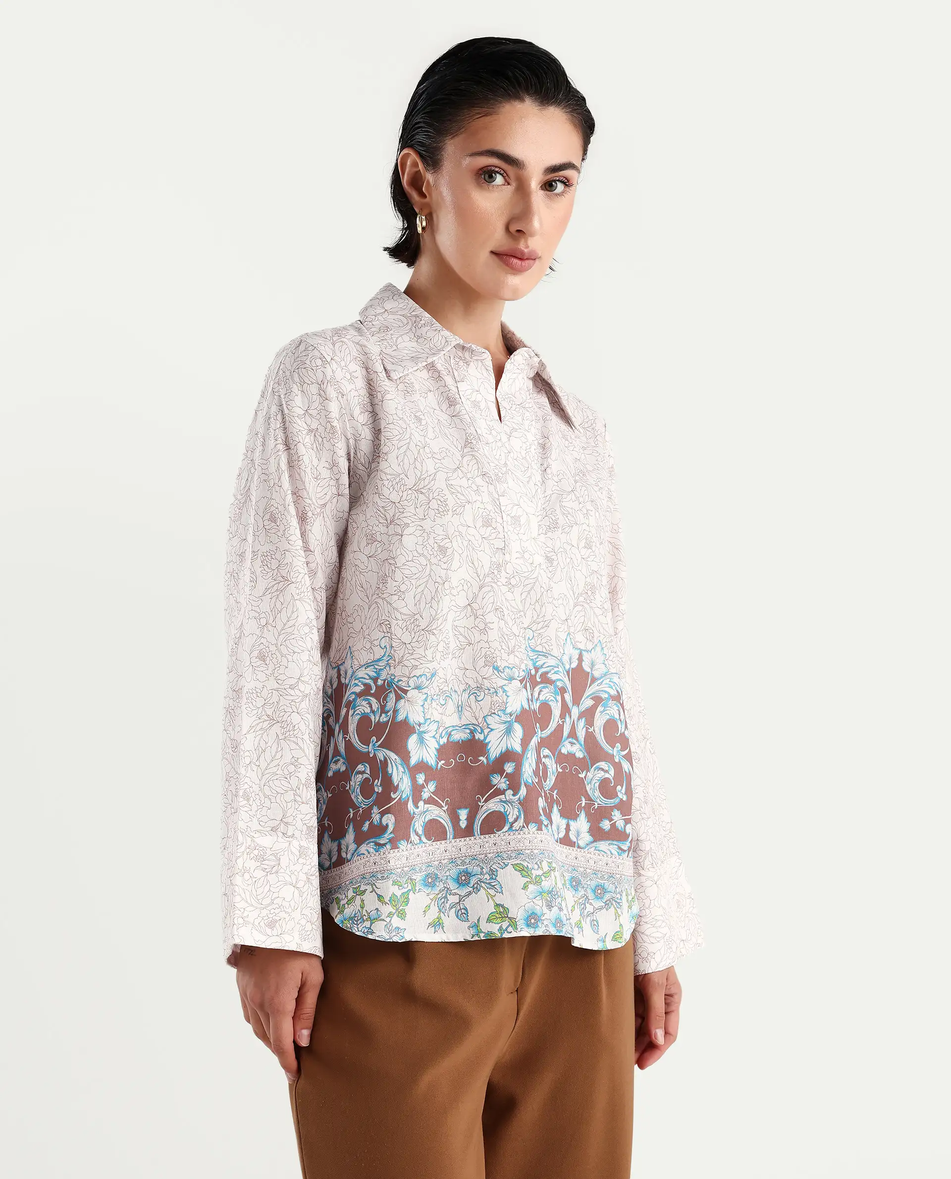Rareism Women's Fofianie Light Brown Cotton Blend Drop Collar Abstract Print Bell Sleeve Regular Fit Top - Image 6