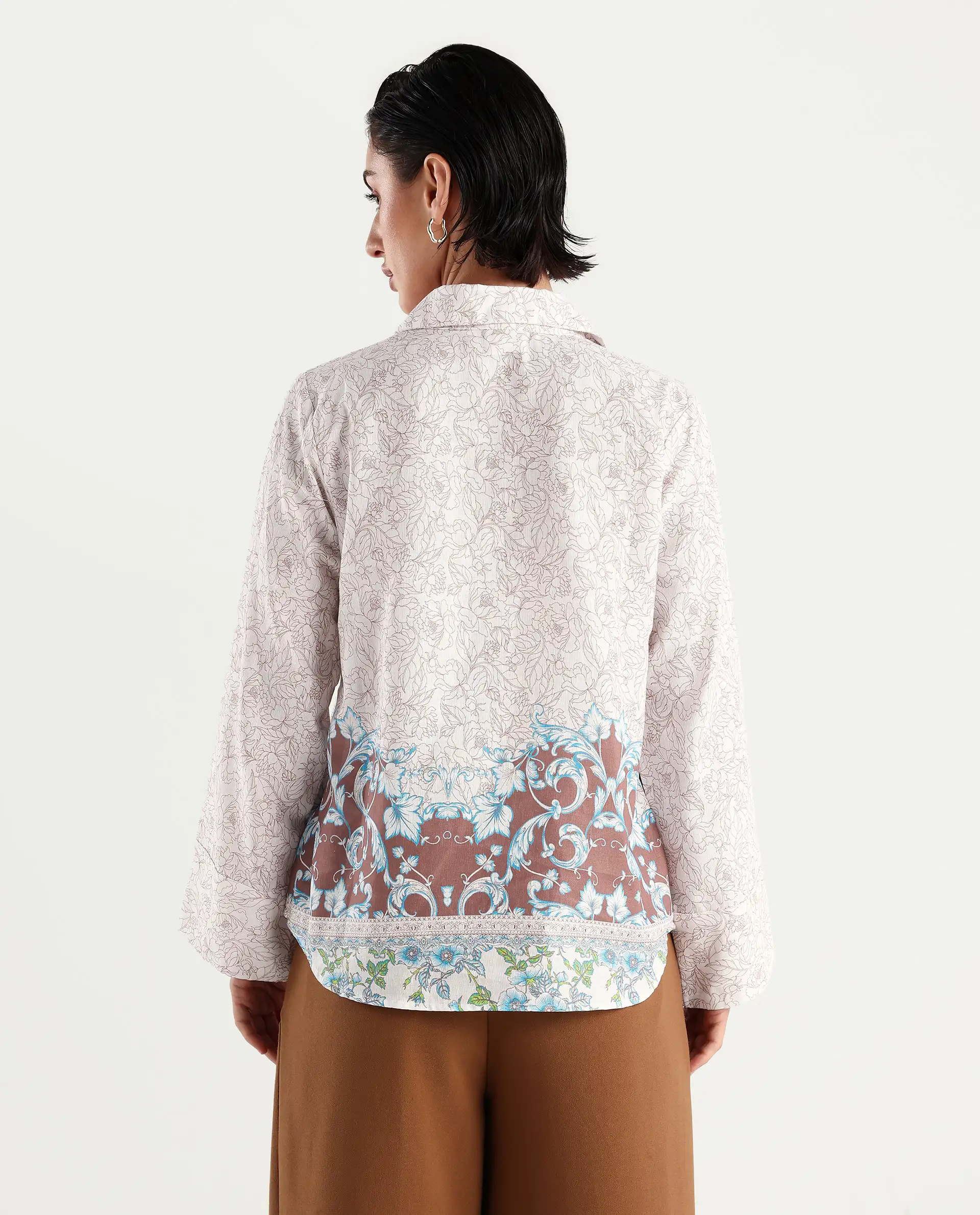 Rareism Women's Fofianie Light Brown Cotton Blend Drop Collar Abstract Print Bell Sleeve Regular Fit Top - Image 7