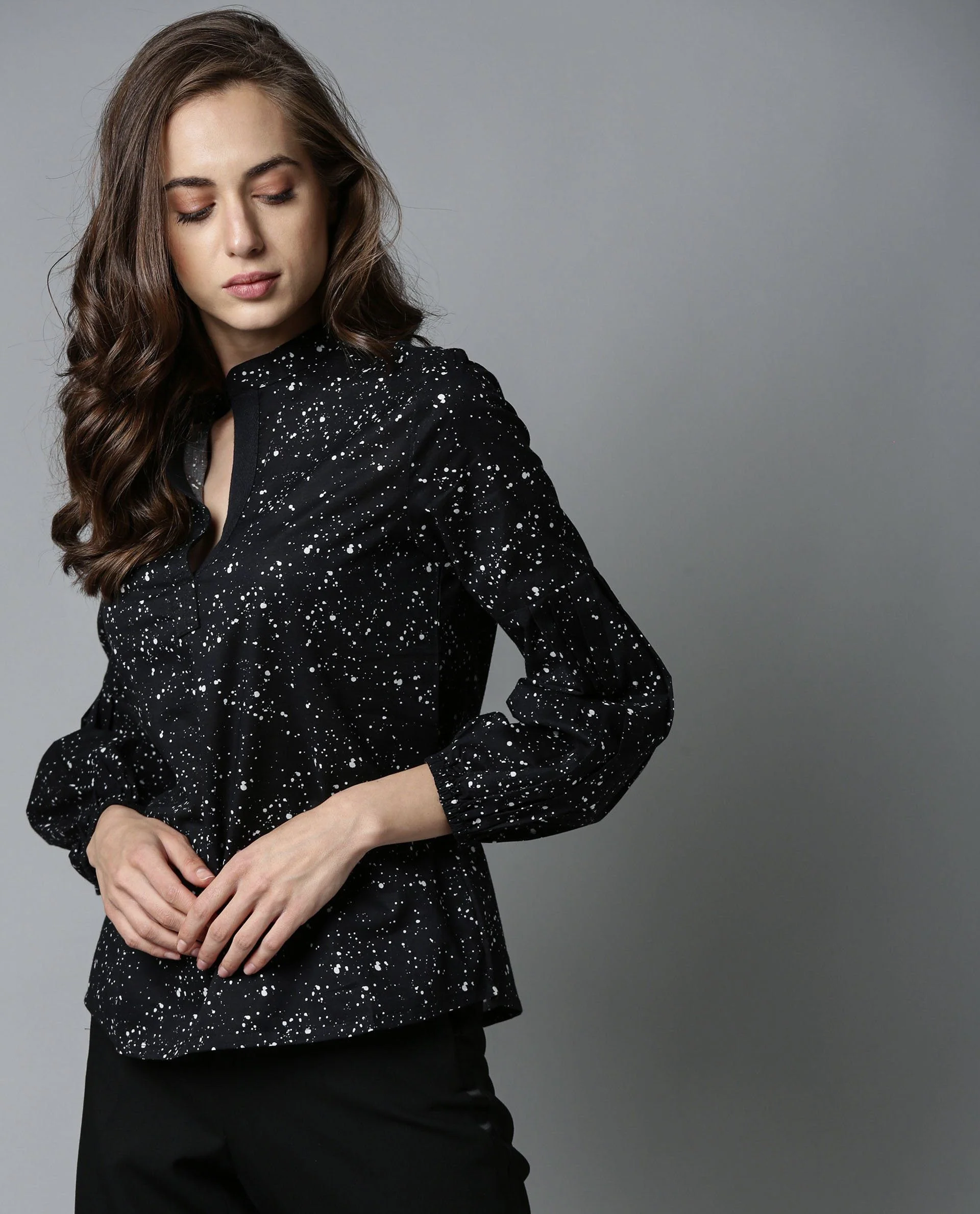 Rareism Women Fog Black Top Cotton Fabric Full Sleeves Crew Neck Print