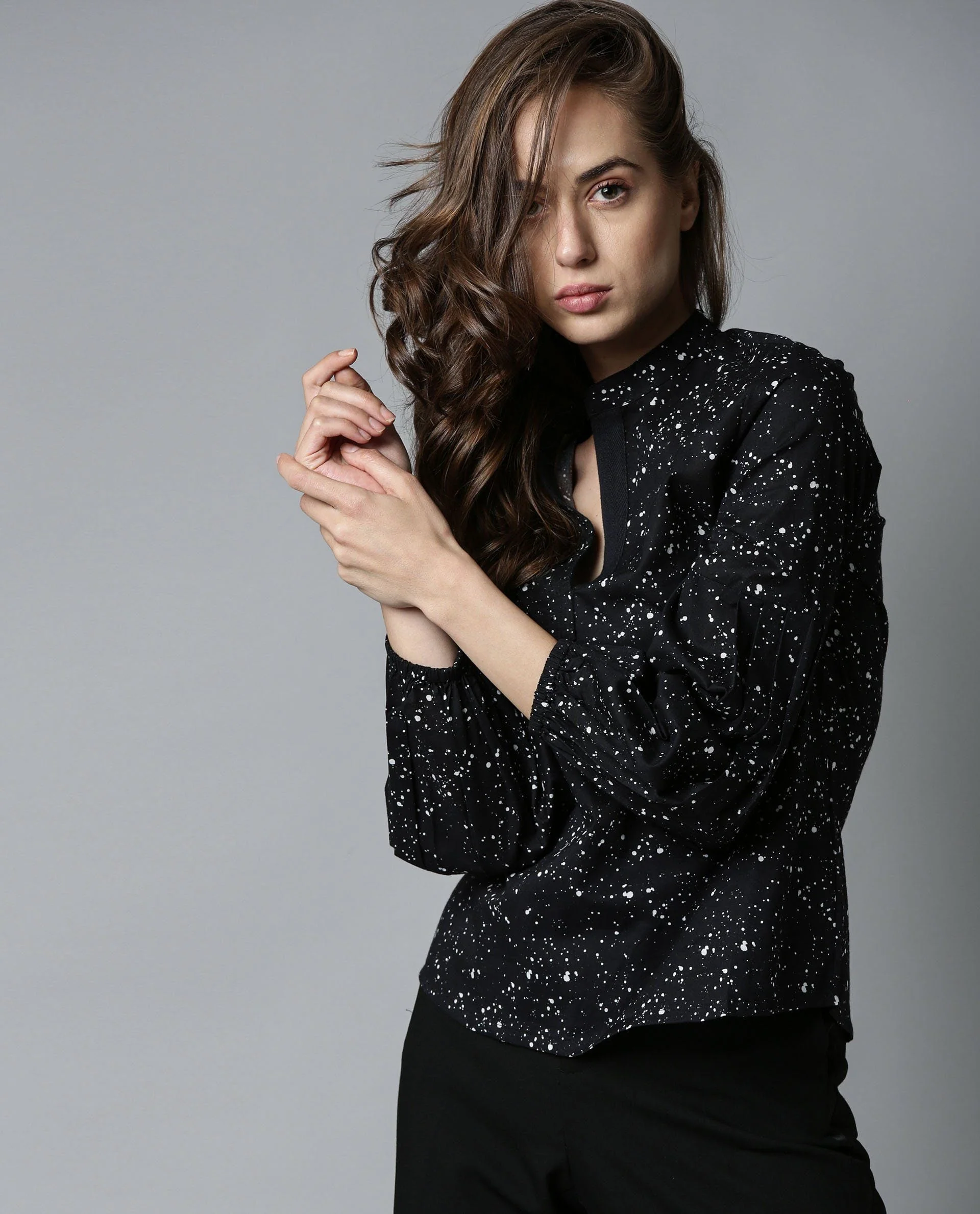 Rareism Women Fog Black Top Cotton Fabric Full Sleeves Crew Neck Print - Image 4