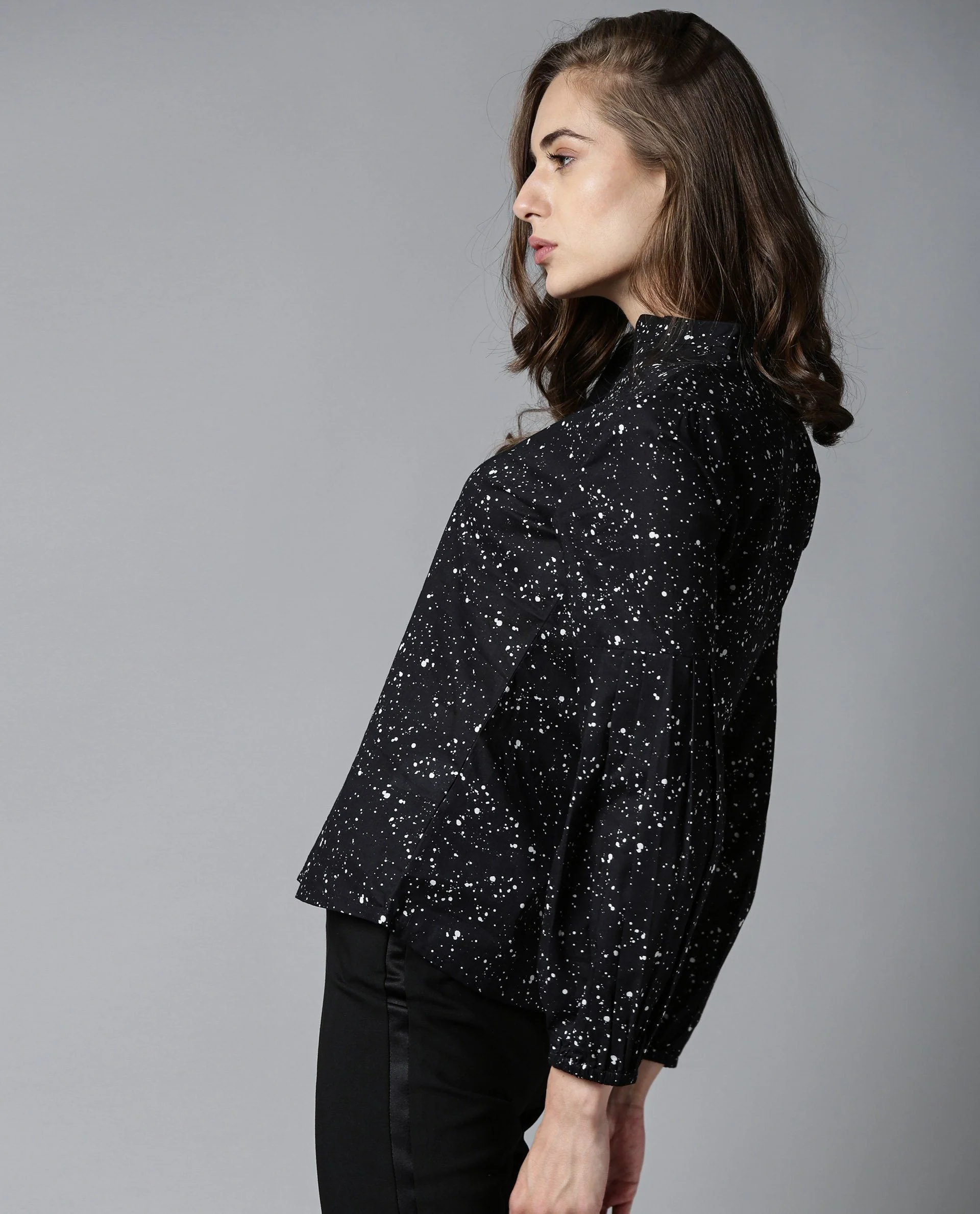 Rareism Women Fog Black Top Cotton Fabric Full Sleeves Crew Neck Print - Image 6