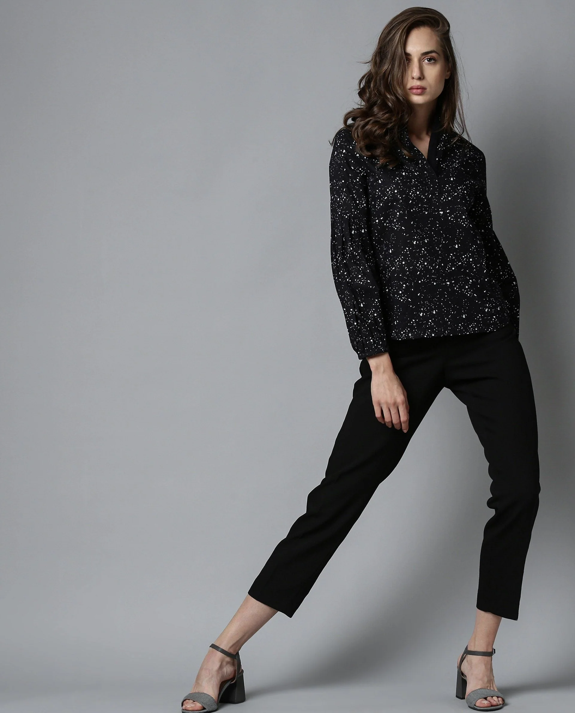 Rareism Women Fog Black Top Cotton Fabric Full Sleeves Crew Neck Print - Image 8