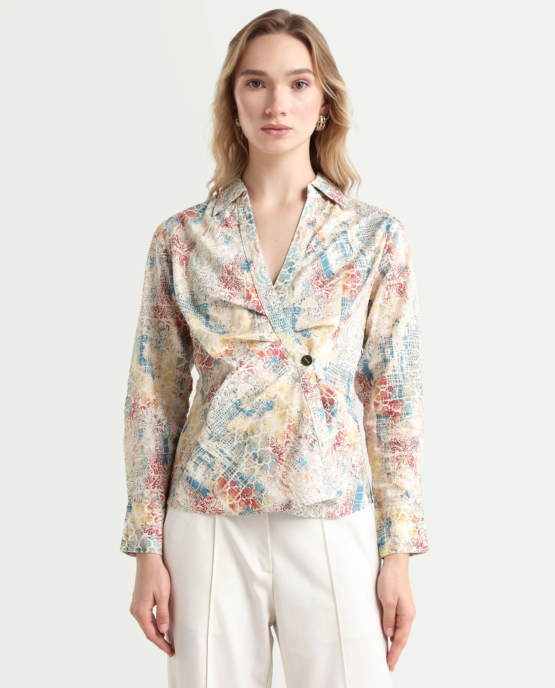 Rareism Women's Foggia Light Multi Cotton Blend Johnny Collar Abstract Print Regular Fit Top - Image 3