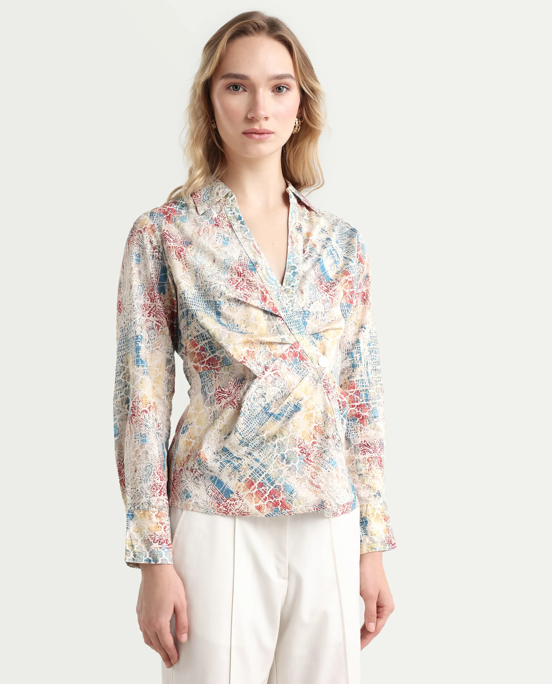 Rareism Women's Foggia Light Multi Cotton Blend Johnny Collar Abstract Print Regular Fit Top - Image 4