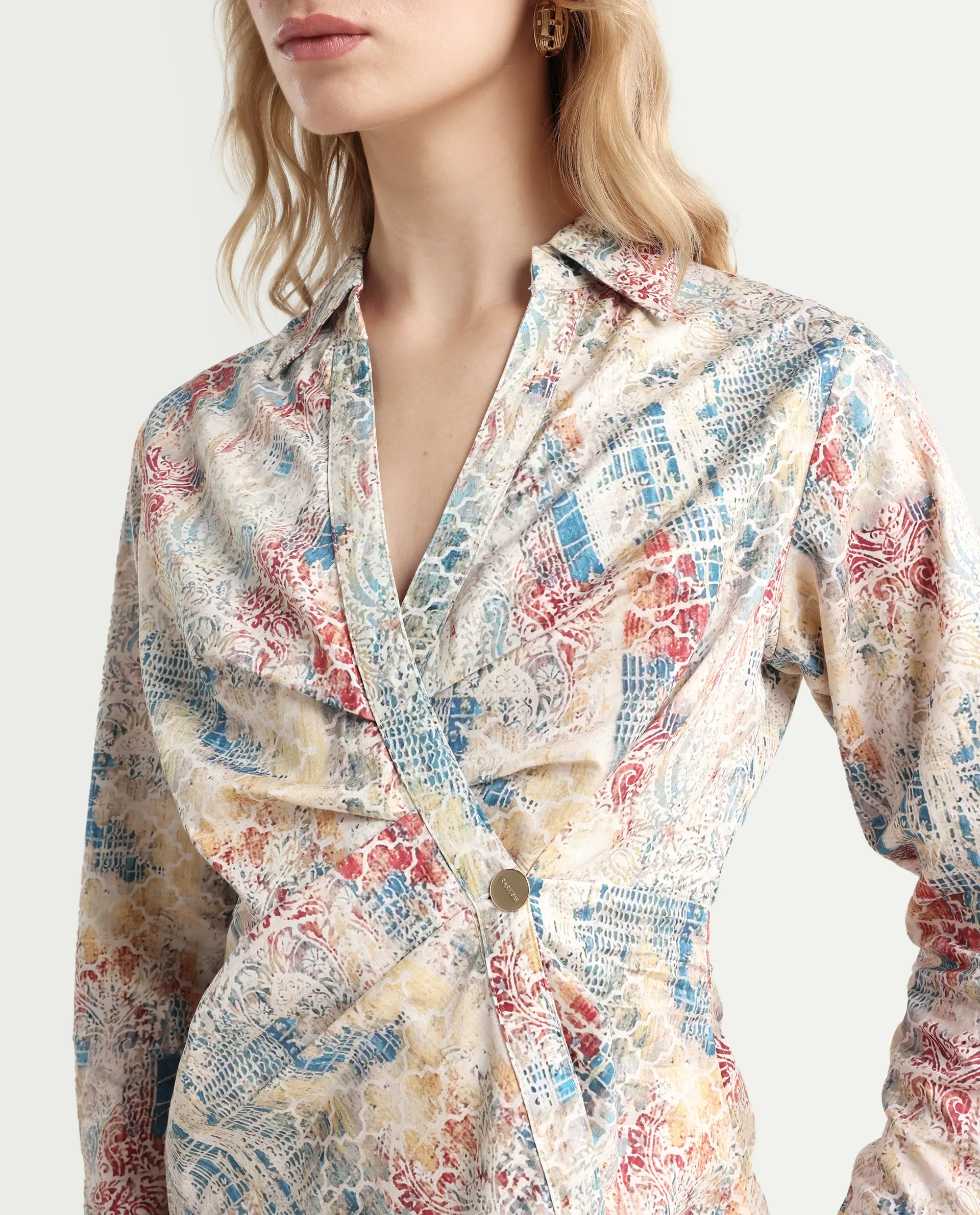 Rareism Women's Foggia Light Multi Cotton Blend Johnny Collar Abstract Print Regular Fit Top - Image 5