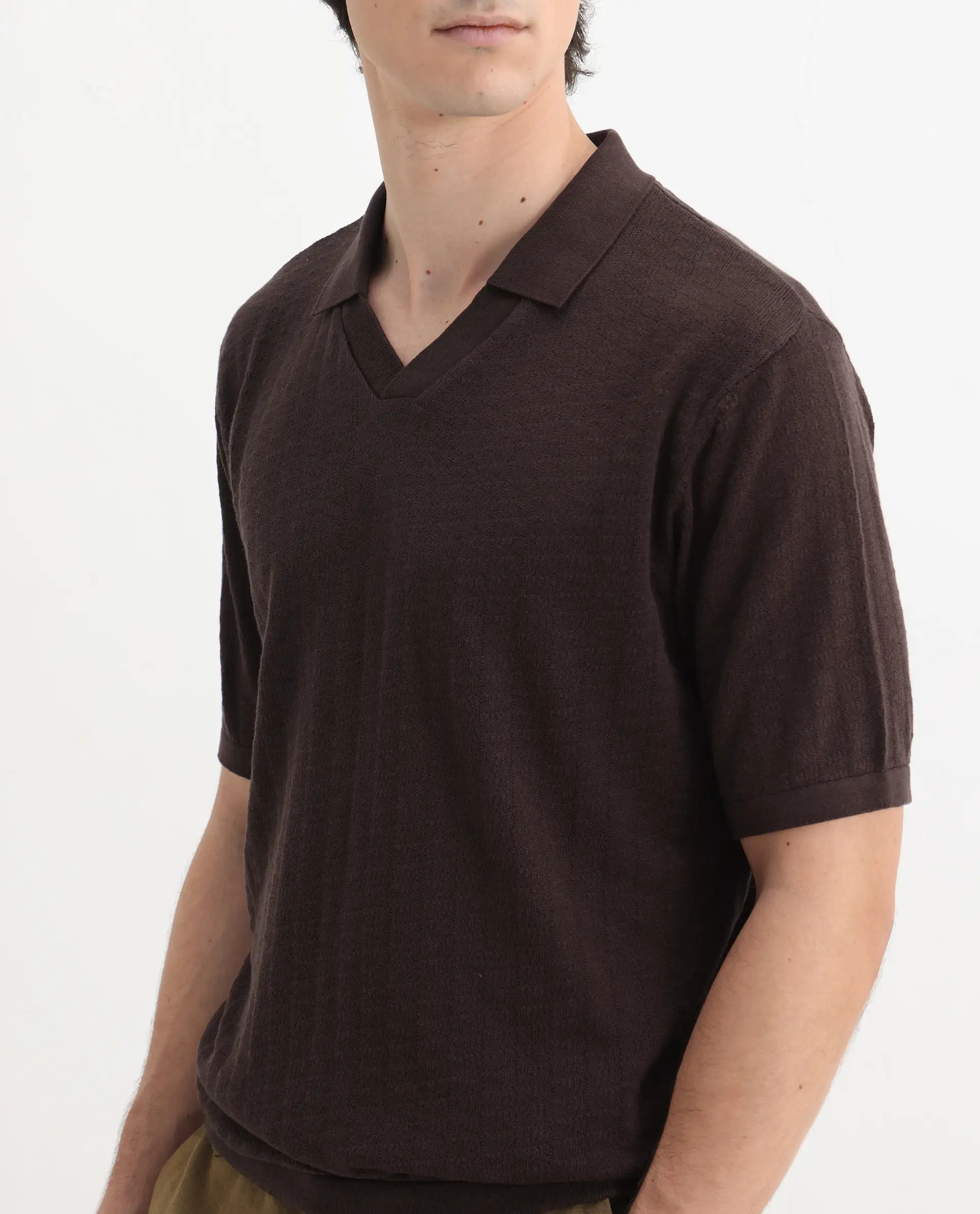 Rare Rabbit Men's Foix Brown Cotton Plain Regular Fit Half Sleeve Polo - Image 3