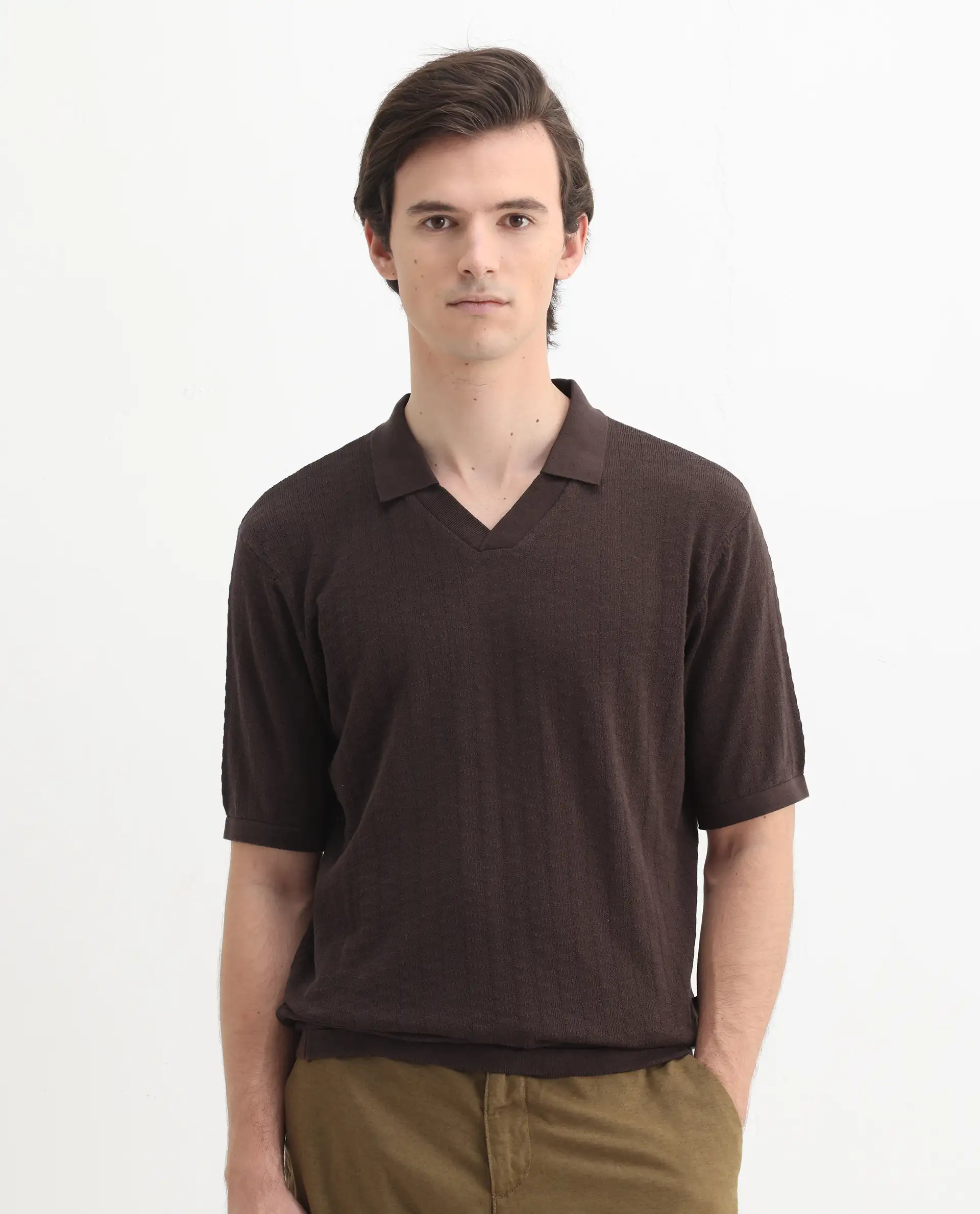 Rare Rabbit Men's Foix Brown Cotton Plain Regular Fit Half Sleeve Polo - Image 4