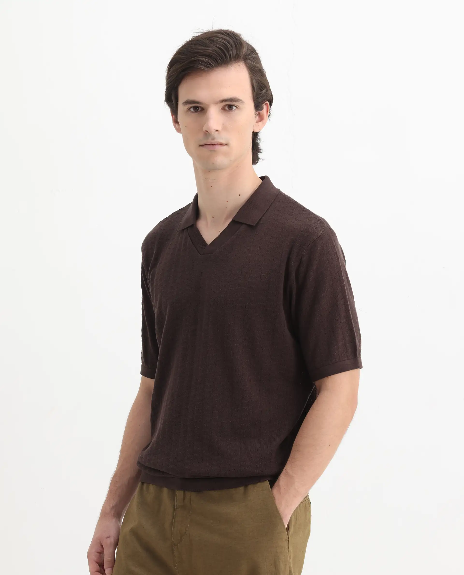 Rare Rabbit Men's Foix Brown Cotton Plain Regular Fit Half Sleeve Polo - Image 5
